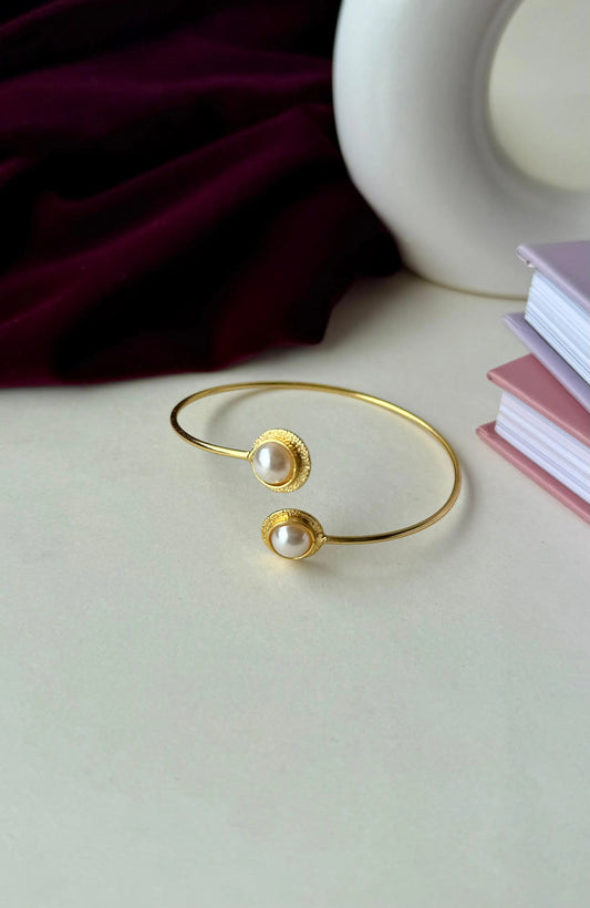 Gold Open Bangle Bracelet with Dual Pearl Accents | Brass Anti-Tarnish Adjustable Cuff