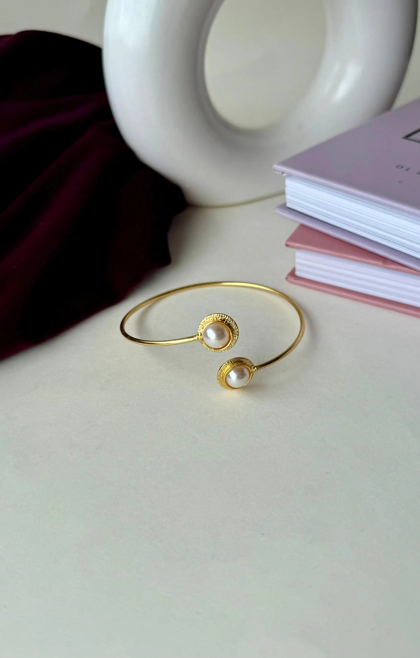 Gold Open Bangle Bracelet with Dual Pearl Accents | Brass Anti-Tarnish Adjustable Cuff