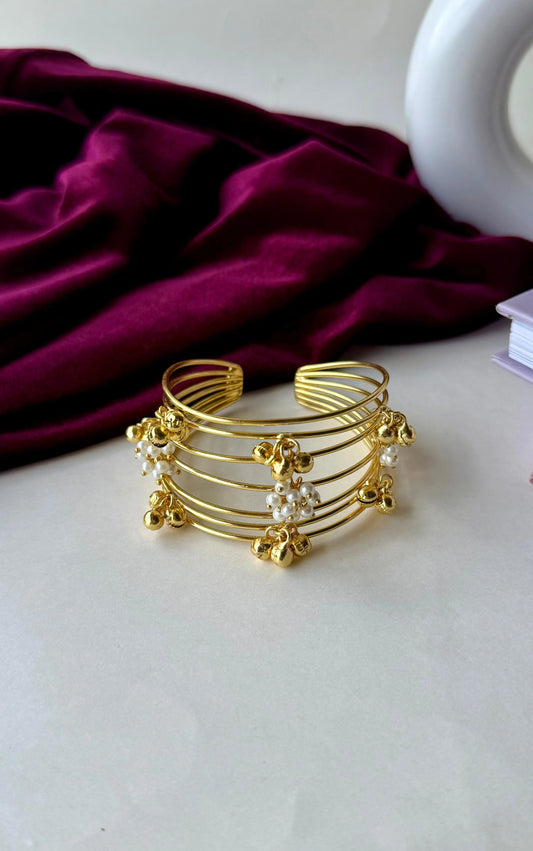 Gold-Plated Brass Cuff Bracelet with Pearl Cluster & Ghungroo Charms | Adjustable Anti-Tarnish