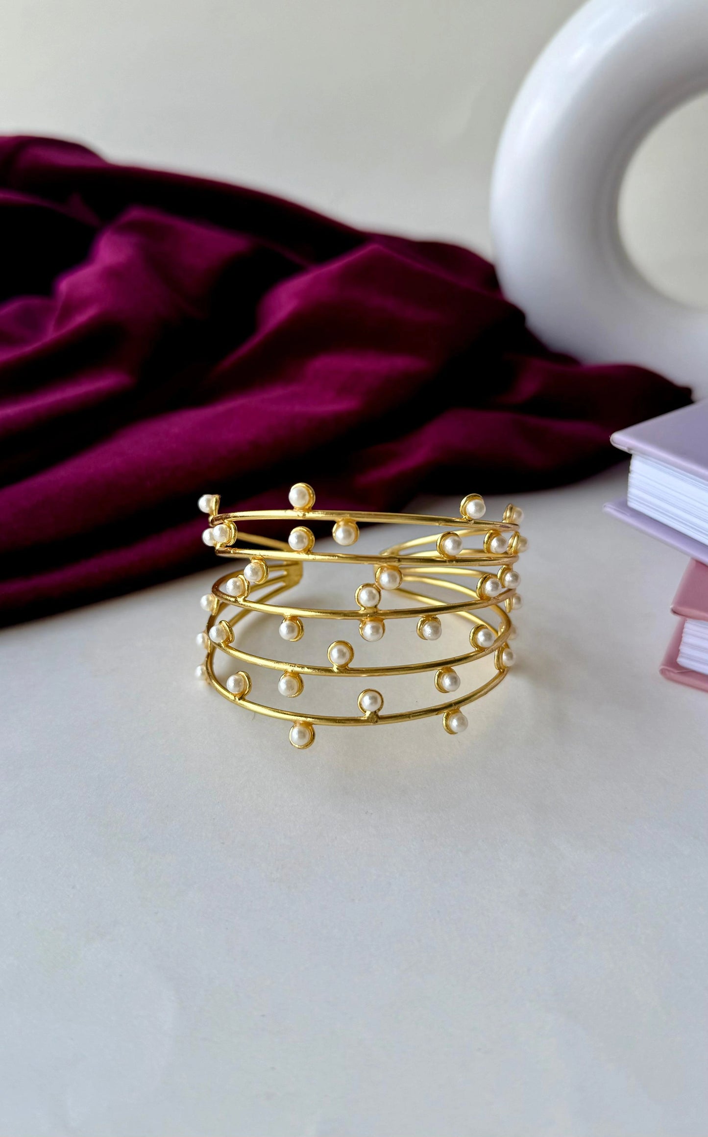 Elegant Brass Cuff Bracelet with Pearls | Anti-Tarnish Gold Plated Bangle
