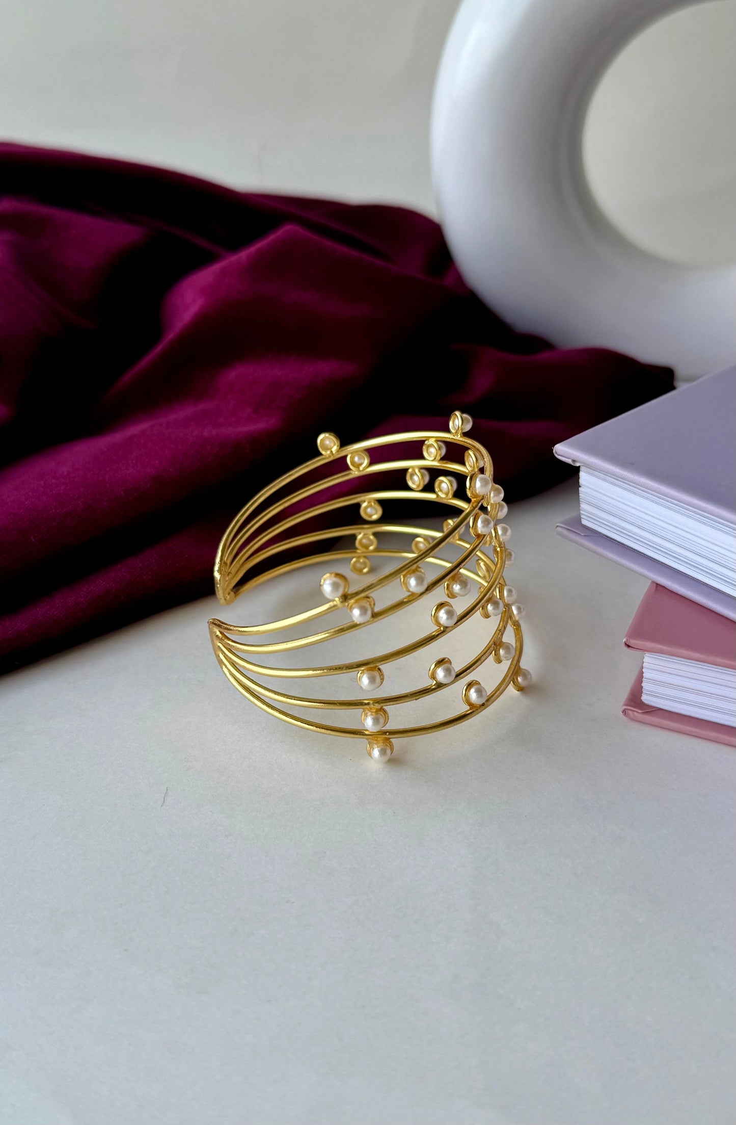 Elegant Brass Cuff Bracelet with Pearls | Anti-Tarnish Gold Plated Bangle