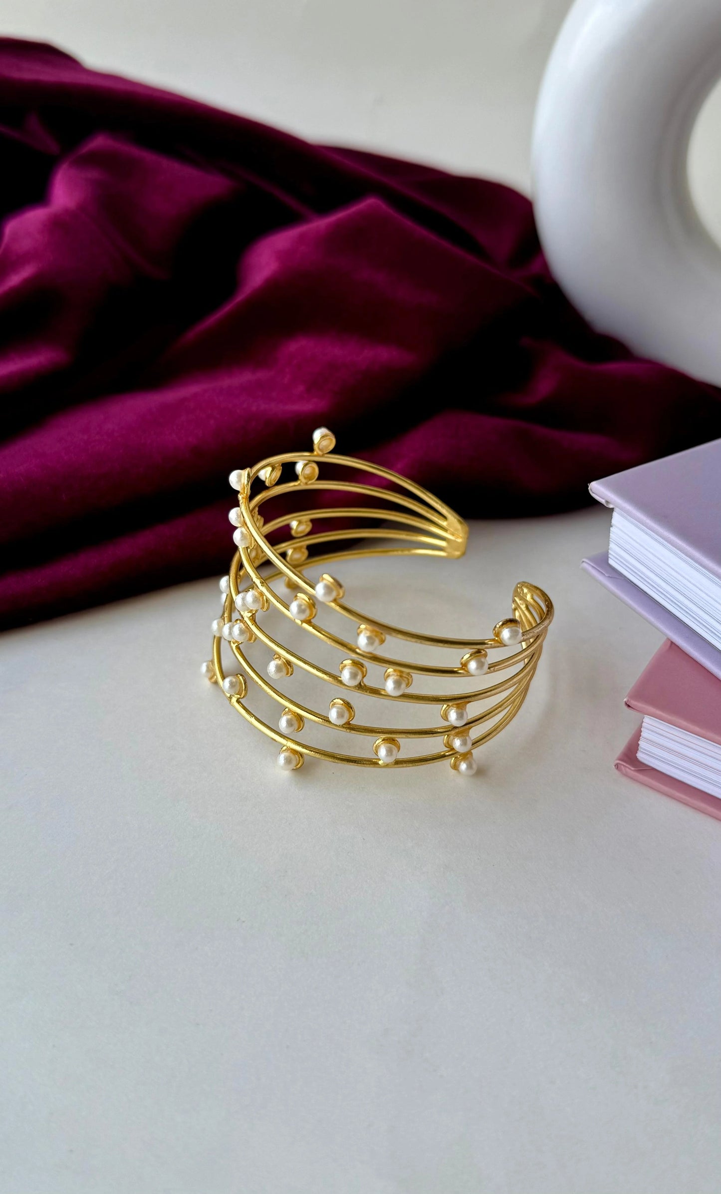 Elegant Brass Cuff Bracelet with Pearls | Anti-Tarnish Gold Plated Bangle
