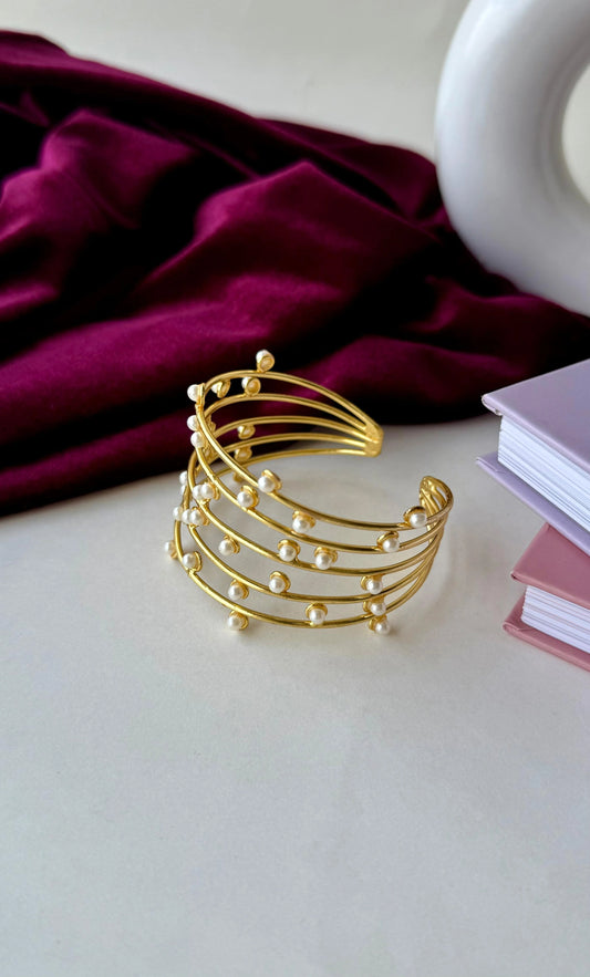 Elegant Brass Cuff Bracelet with Pearls | Anti-Tarnish Gold Plated Bangle