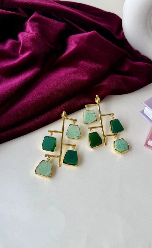 Statement Geometric Drop Earrings | Green Stone Brass Earrings | Anti-Tarnish Gold Finish Dangle Jewelry