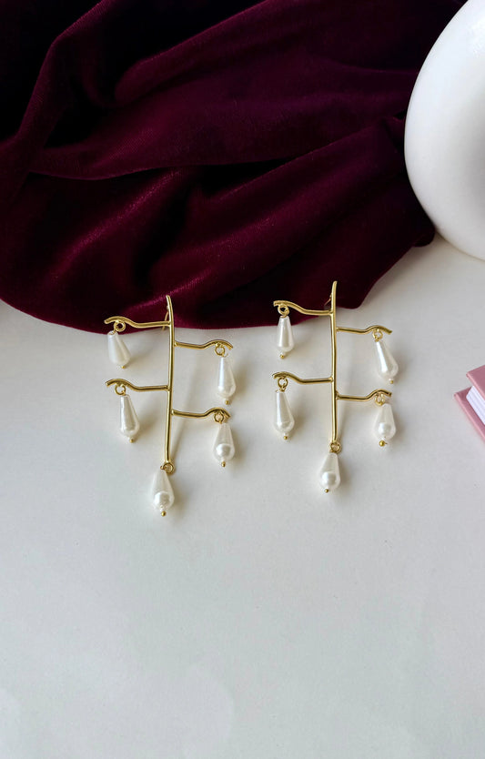 Modern Pearl Drop Earrings | Brass Anti-Tarnish Abstract Dangle Earrings | Minimal Statement Jewelry