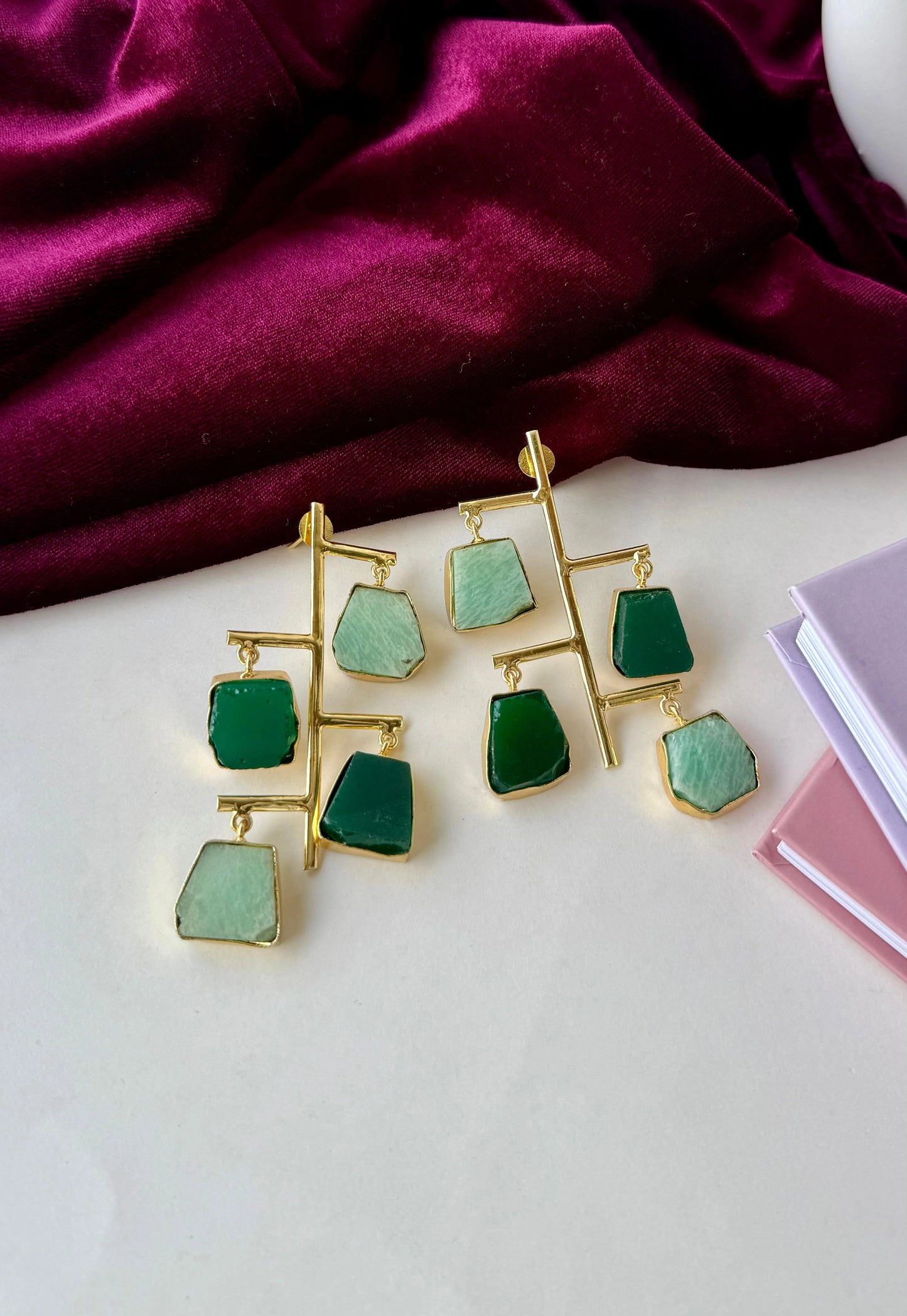Statement Geometric Drop Earrings | Green Stone Brass Earrings | Anti-Tarnish Gold Finish Dangle Jewelry