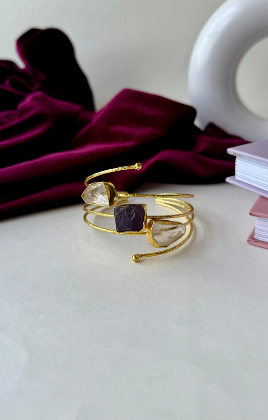 Gold-Plated Brass Cuff Bracelet with Raw Gemstones | Adjustable Anti-Tarnish Spiral Bangle