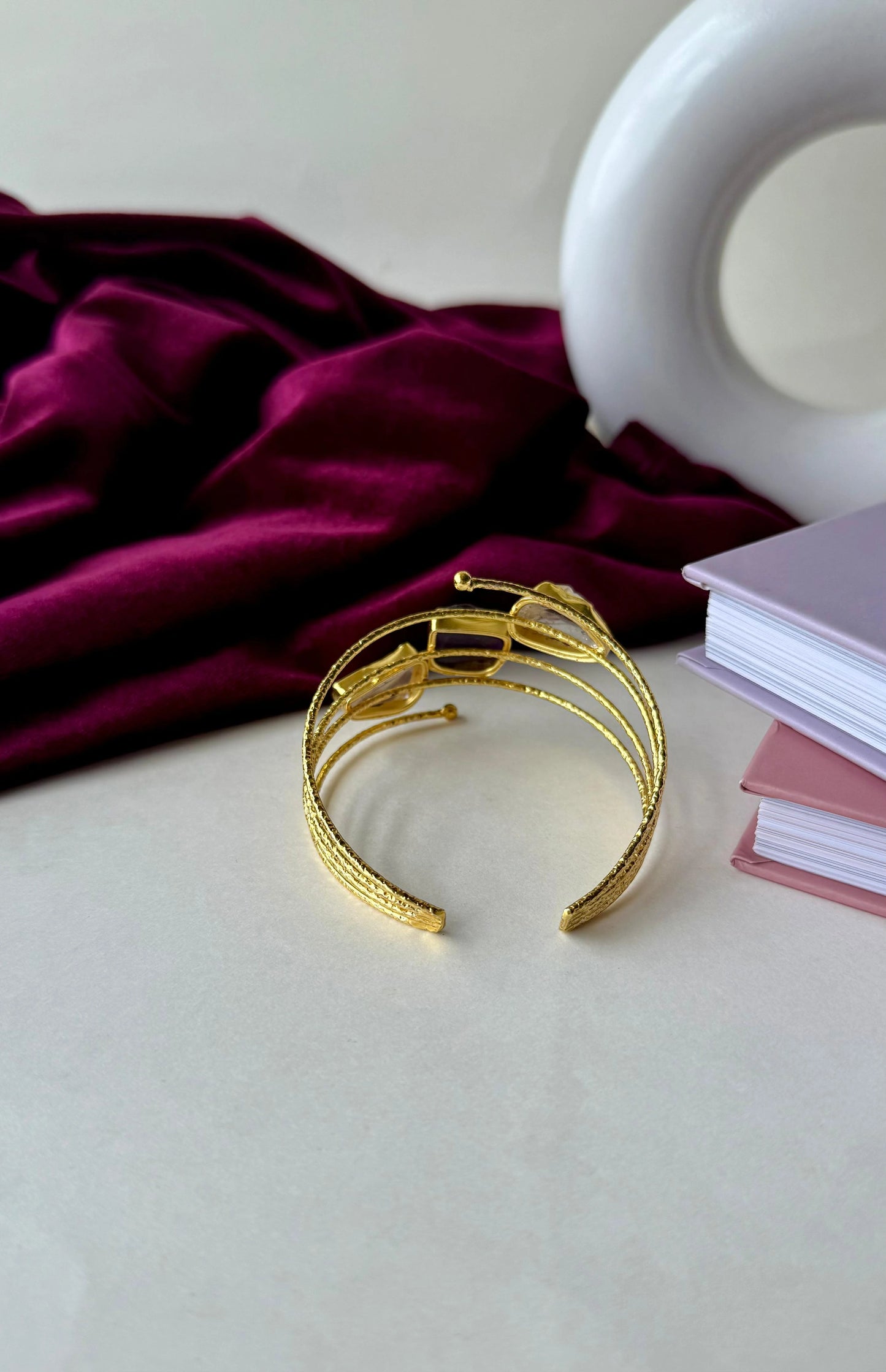 Gold-Plated Brass Cuff Bracelet with Raw Gemstones | Adjustable Anti-Tarnish Spiral Bangle