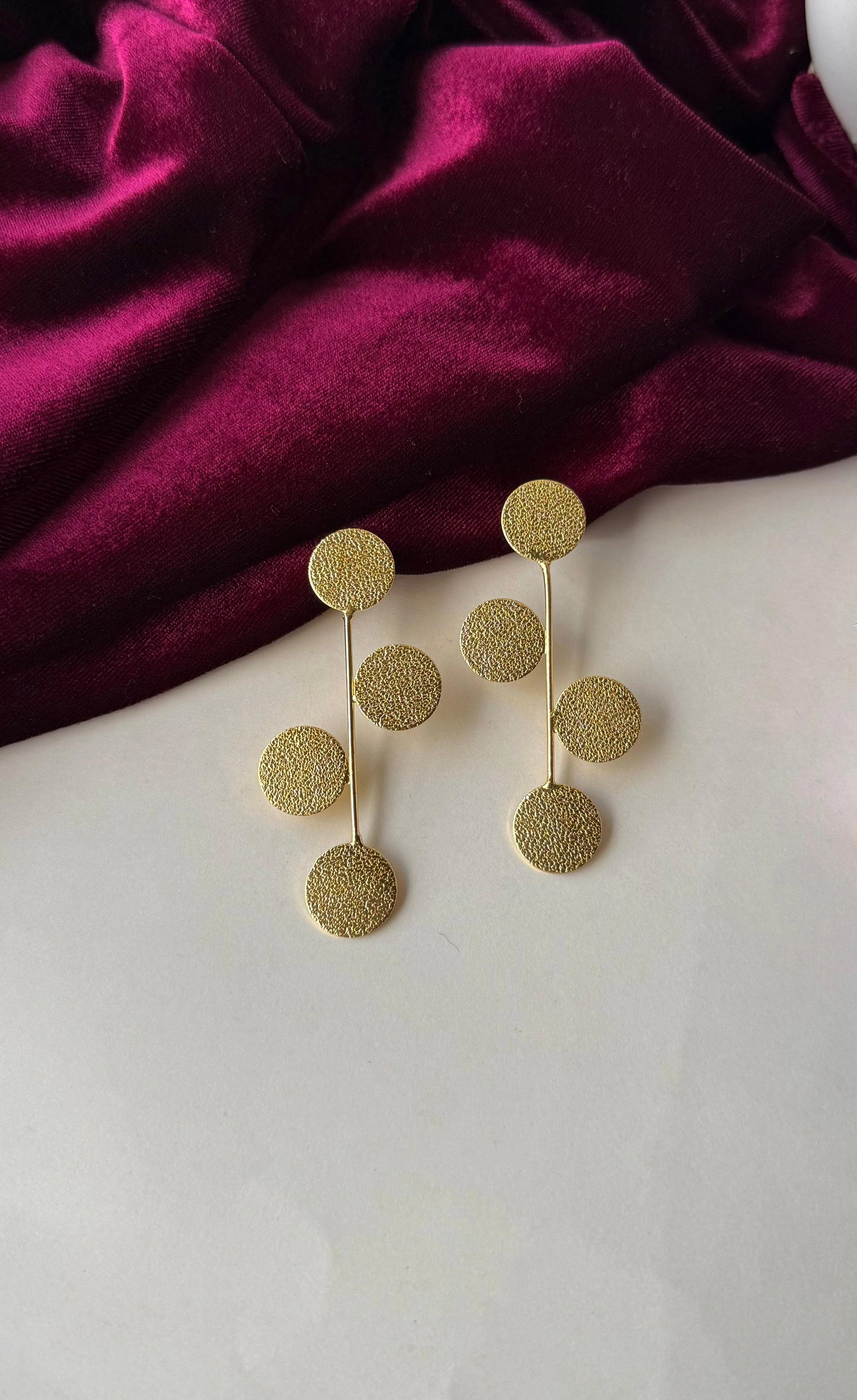 Textured Gold Disc Dangle Earrings | Brass Anti-Tarnish Modern Drop Earrings