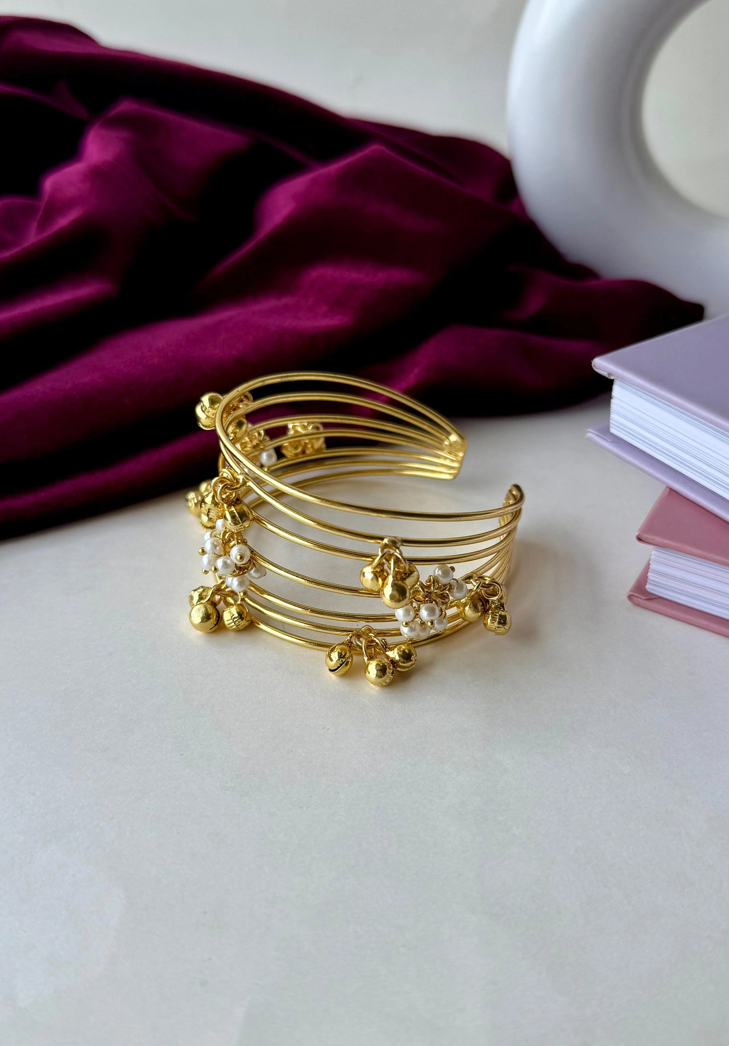 Gold-Plated Brass Cuff Bracelet with Pearl Cluster & Ghungroo Charms | Adjustable Anti-Tarnish