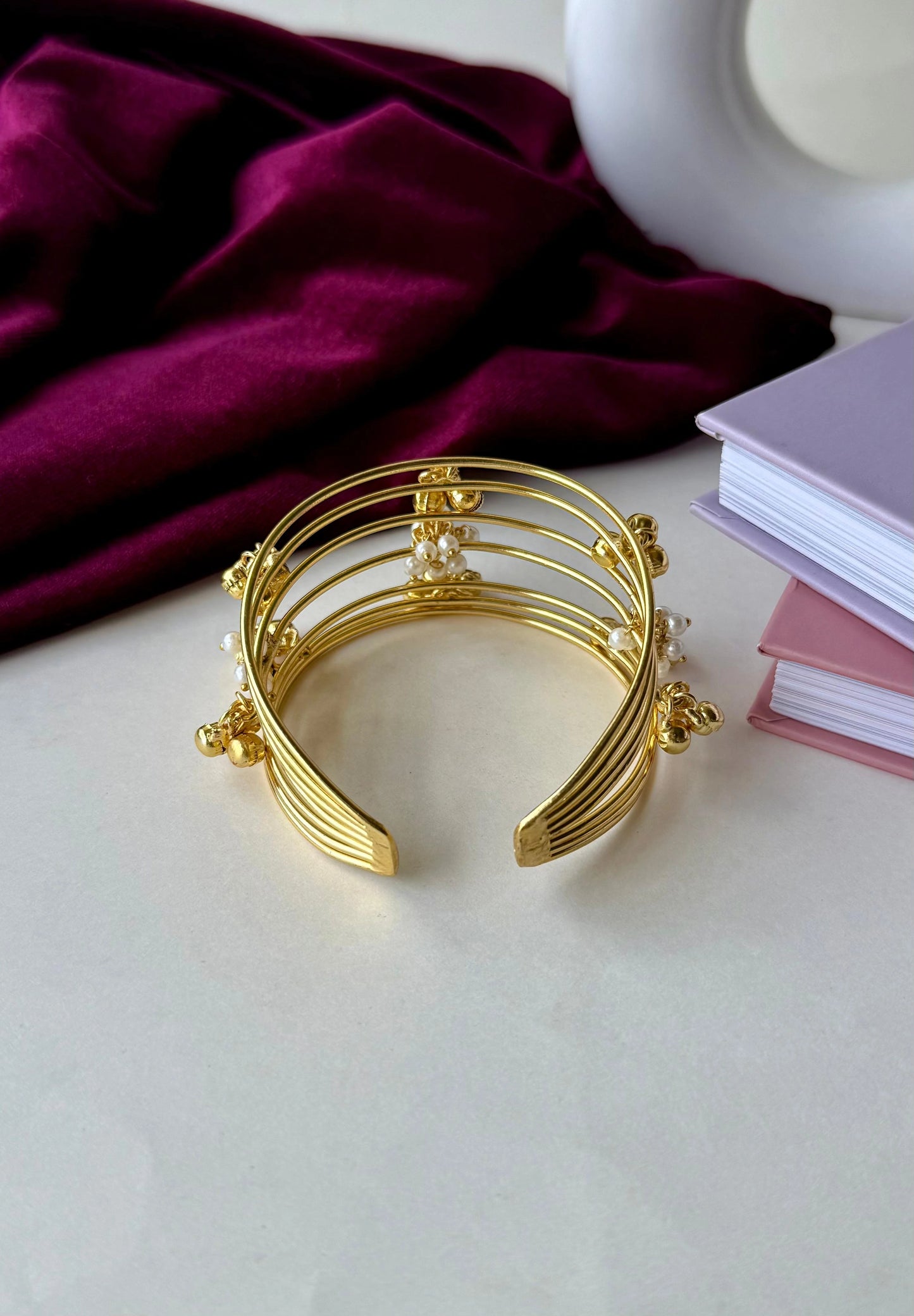 Gold-Plated Brass Cuff Bracelet with Pearl Cluster & Ghungroo Charms | Adjustable Anti-Tarnish