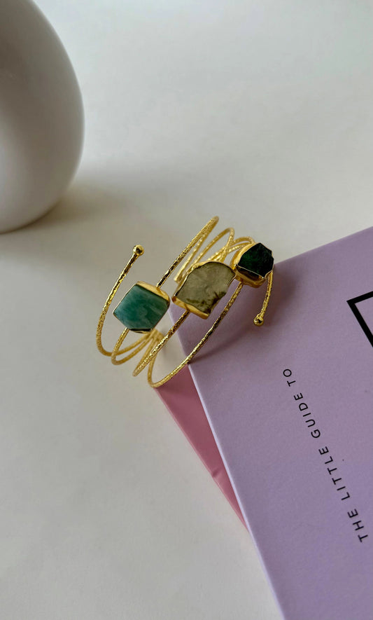 Gold Plated Brass Cuff Bracelet with Raw Gemstones | Anti-Tarnish Adjustable Bangle