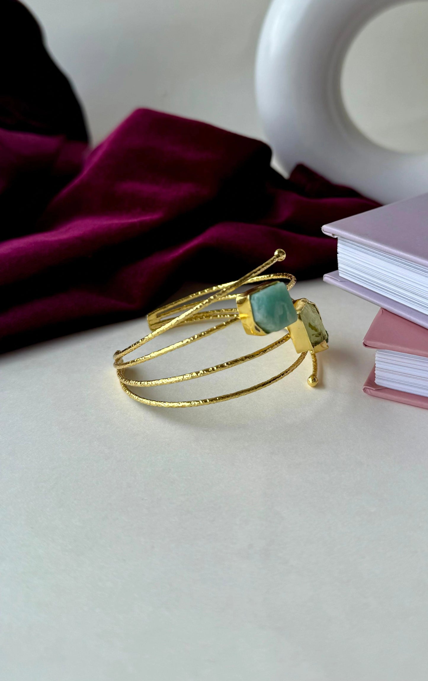 Gold Plated Brass Cuff Bracelet with Raw Gemstones | Anti-Tarnish Adjustable Bangle