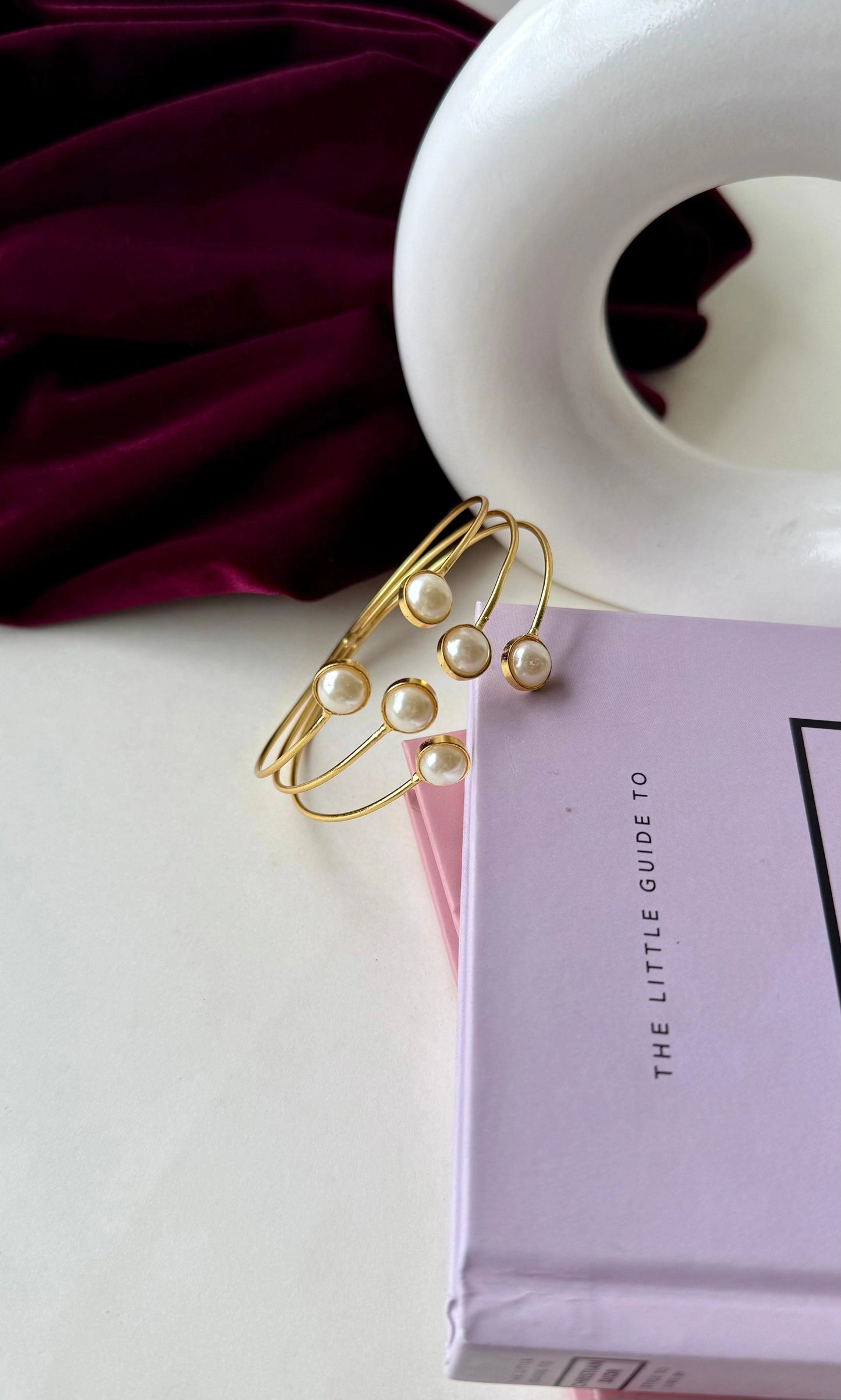 Elegant Gold-Tone Anti-Tarnish Brass Bracelet with Pearls – Adjustable Open Cuff