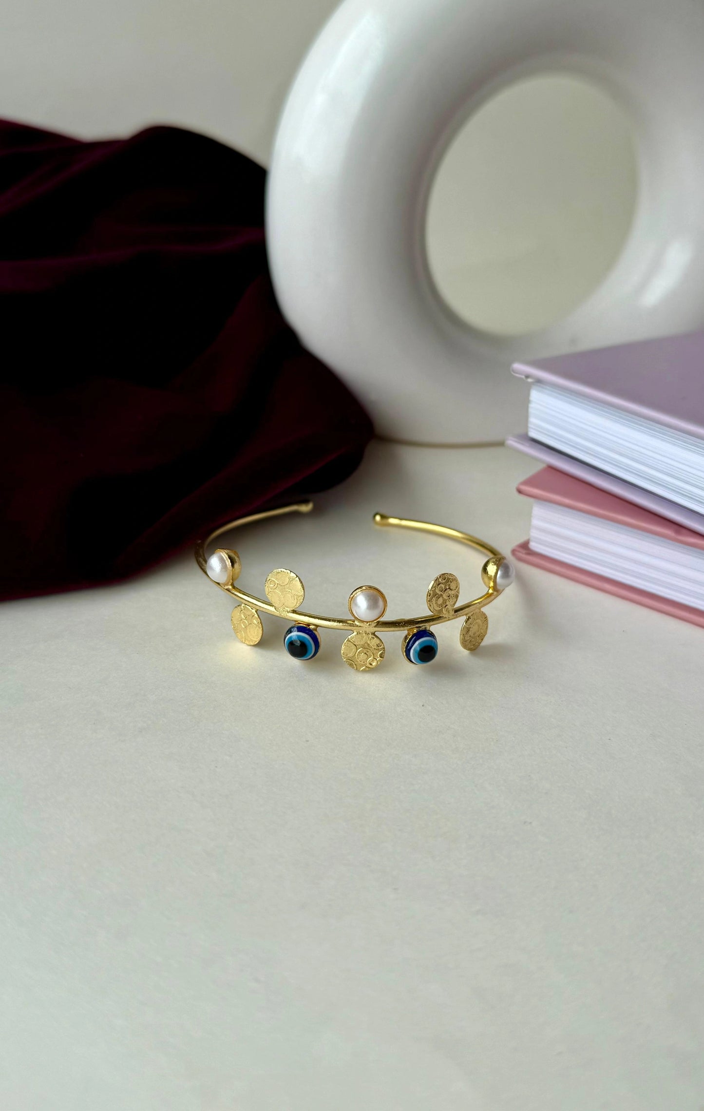 Gold Evil Eye Pearl Bangle | Anti-Tarnish Brass Bracelet with Embossed Discs | Adjustable Open Cuff