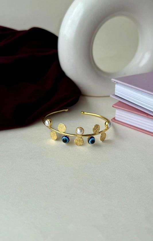 Gold Evil Eye Pearl Bangle | Anti-Tarnish Brass Bracelet with Embossed Discs | Adjustable Open Cuff