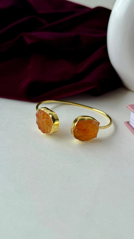 Raw Orange Stone Cuff Bracelet – Anti-Tarnish Gold Brass Adjustable Bangle