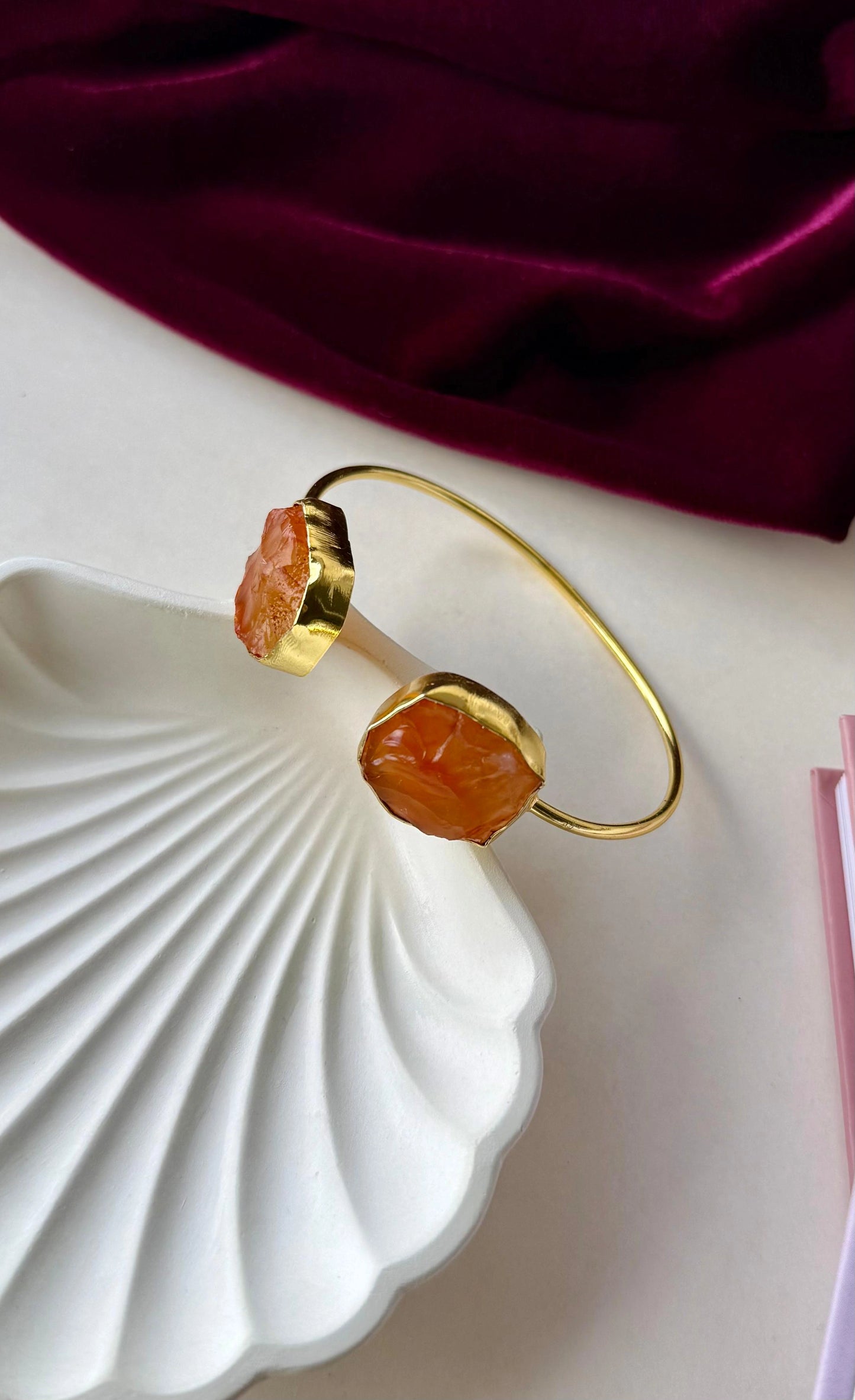 Raw Orange Stone Cuff Bracelet – Anti-Tarnish Gold Brass Adjustable Bangle