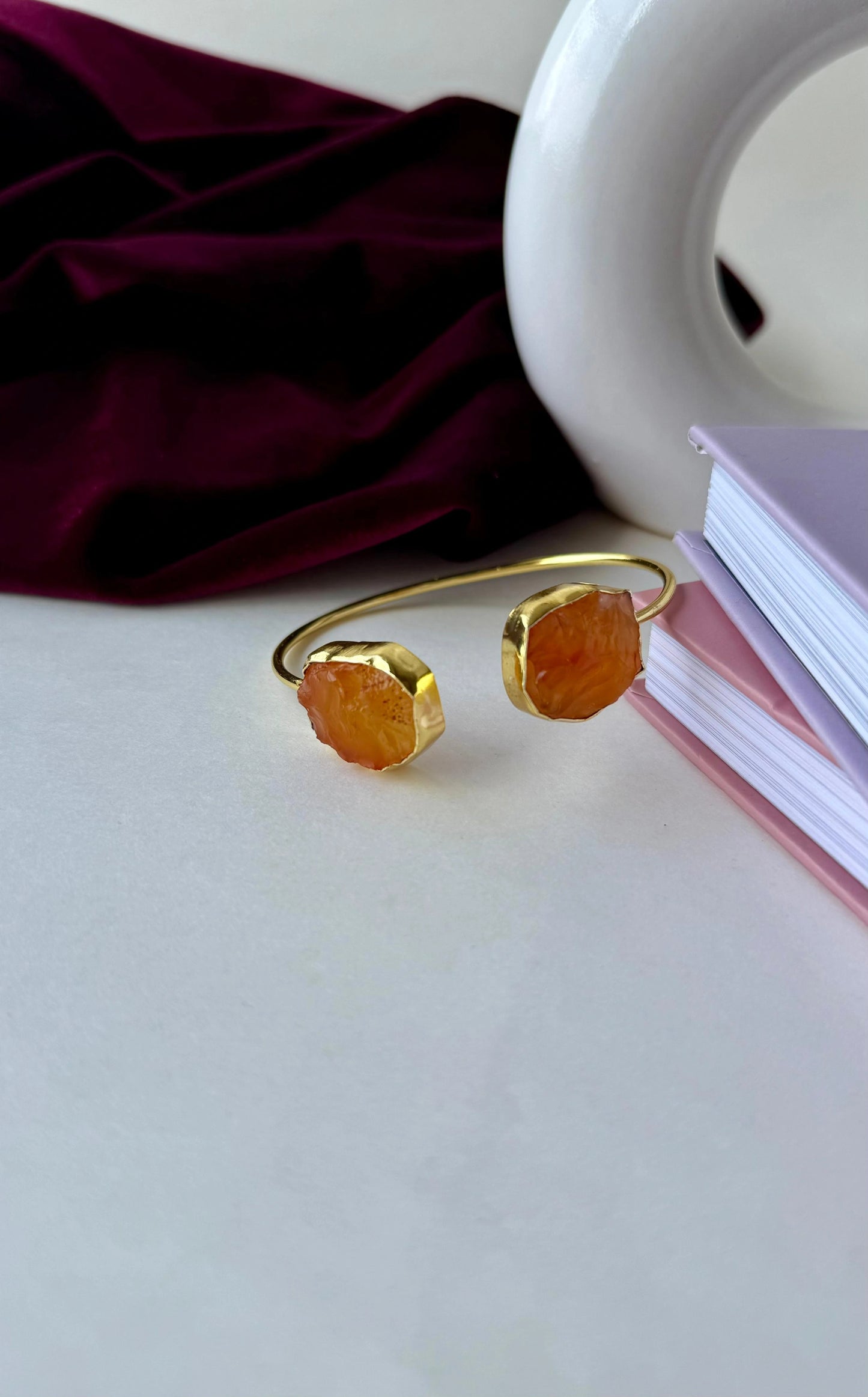 Raw Orange Stone Cuff Bracelet – Anti-Tarnish Gold Brass Adjustable Bangle