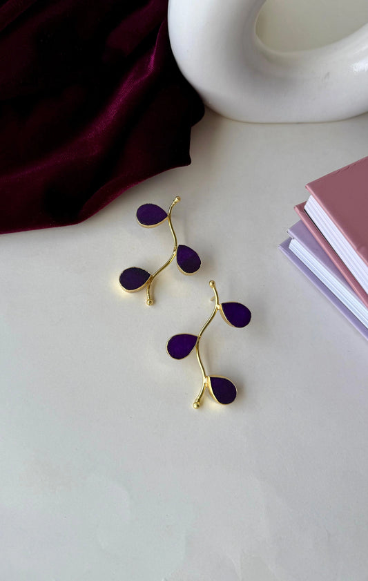 Purple Leaf Drop Earrings – Anti-Tarnish Gold Brass Botanical Statement Jewelry