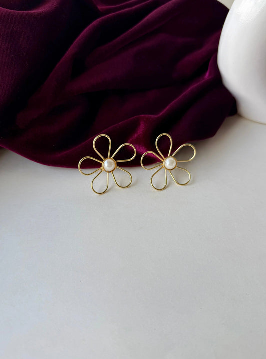 Floral Pearl Stud Earrings | Anti-Tarnish Brass Flower Earrings | Lightweight Minimal Gold Studs