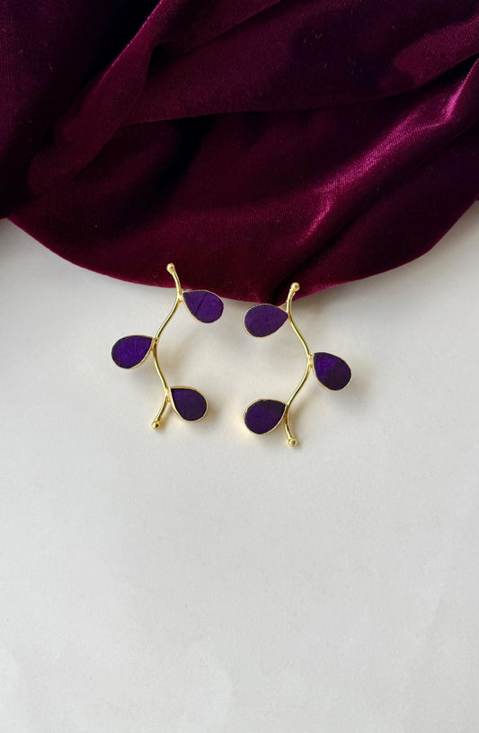 Purple leaf drop earrings in gold-finish brass — alternate view