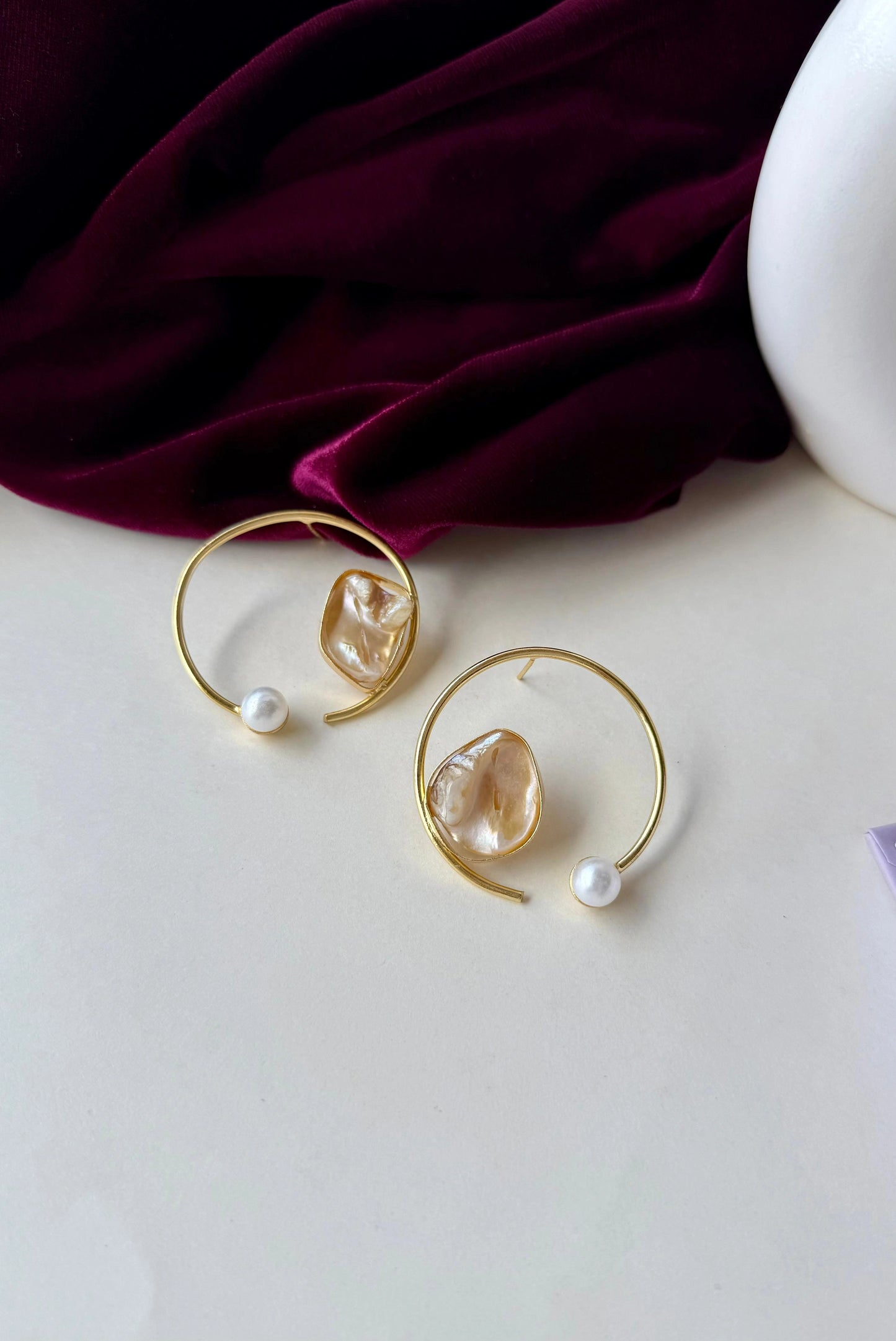 Gold Open Hoop Earrings with Pearl & Shell Accent | Brass Anti-Tarnish Modern Earrings