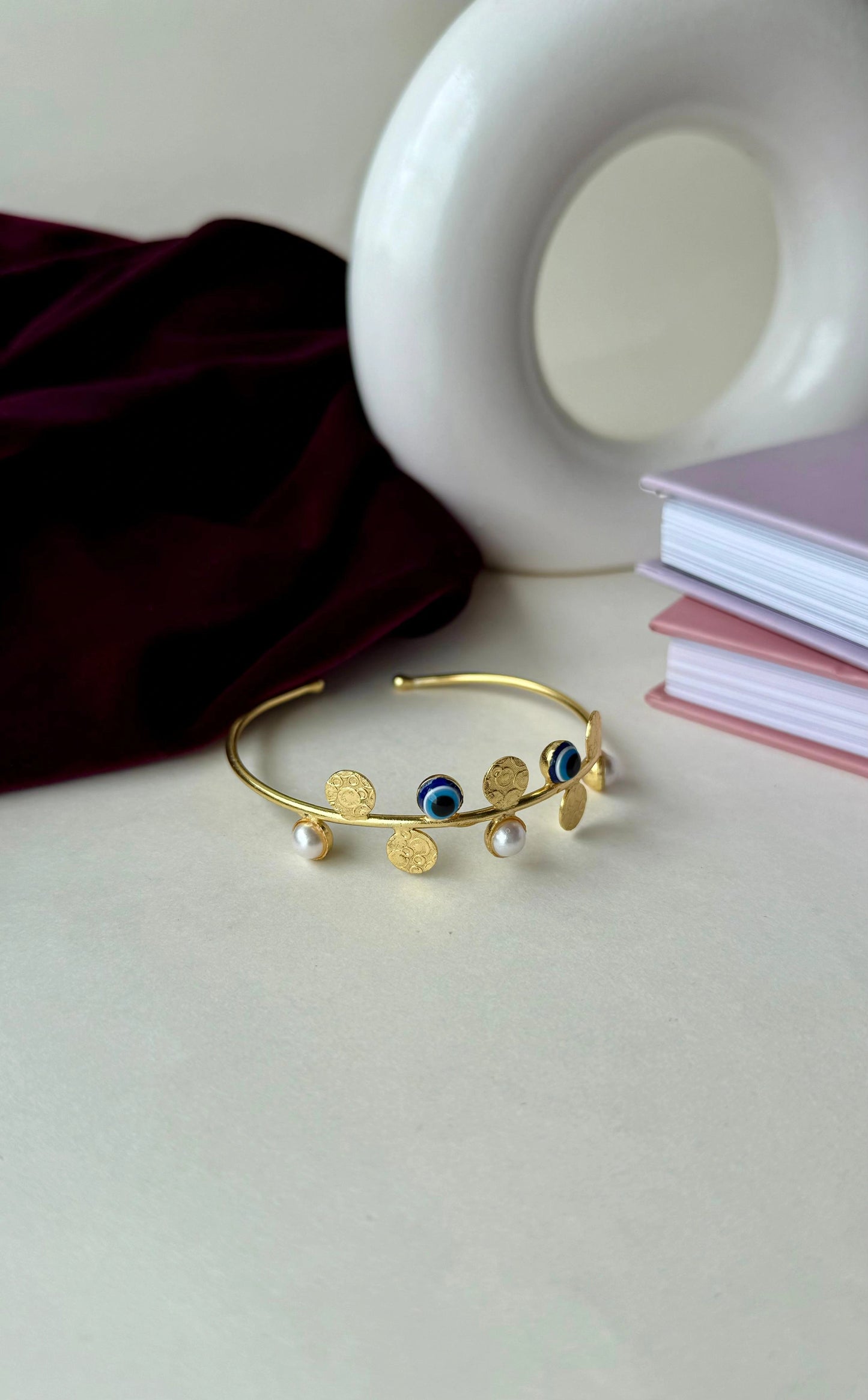 Gold Evil Eye Pearl Bangle | Anti-Tarnish Brass Bracelet with Embossed Discs | Adjustable Open Cuff