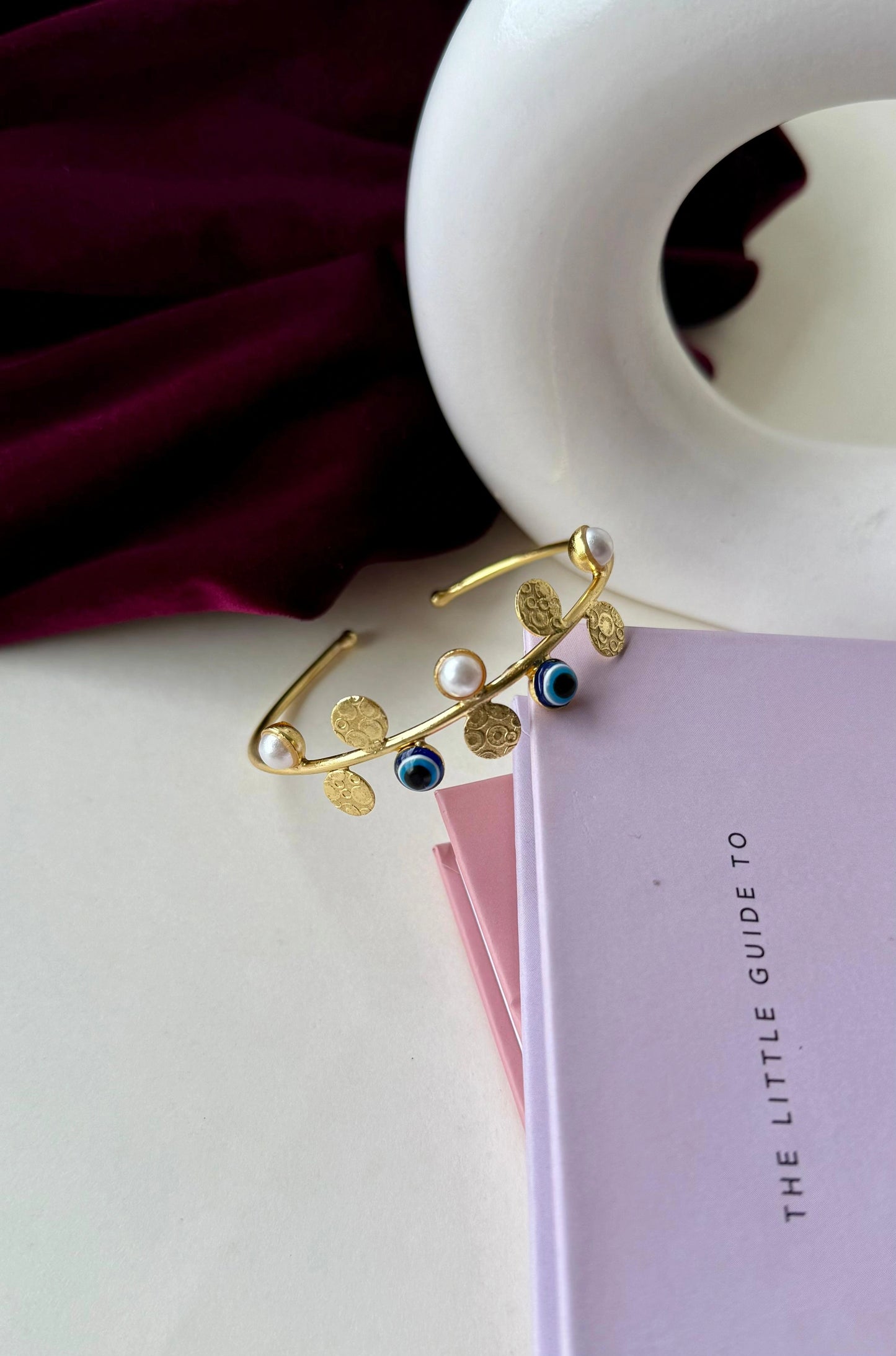 Gold Evil Eye Pearl Bangle | Anti-Tarnish Brass Bracelet with Embossed Discs | Adjustable Open Cuff