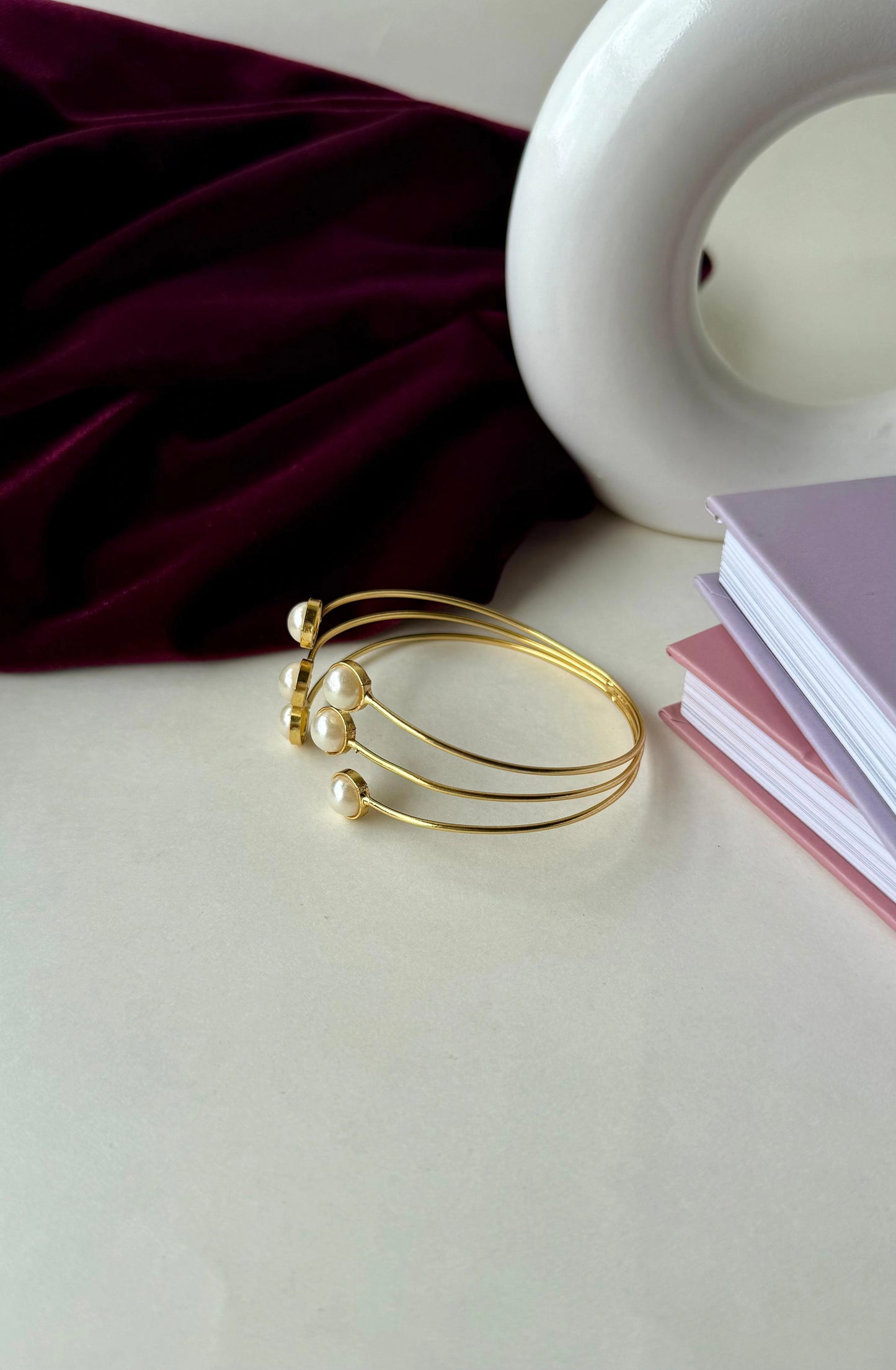 Elegant Gold-Tone Anti-Tarnish Brass Bracelet with Pearls – Adjustable Open Cuff