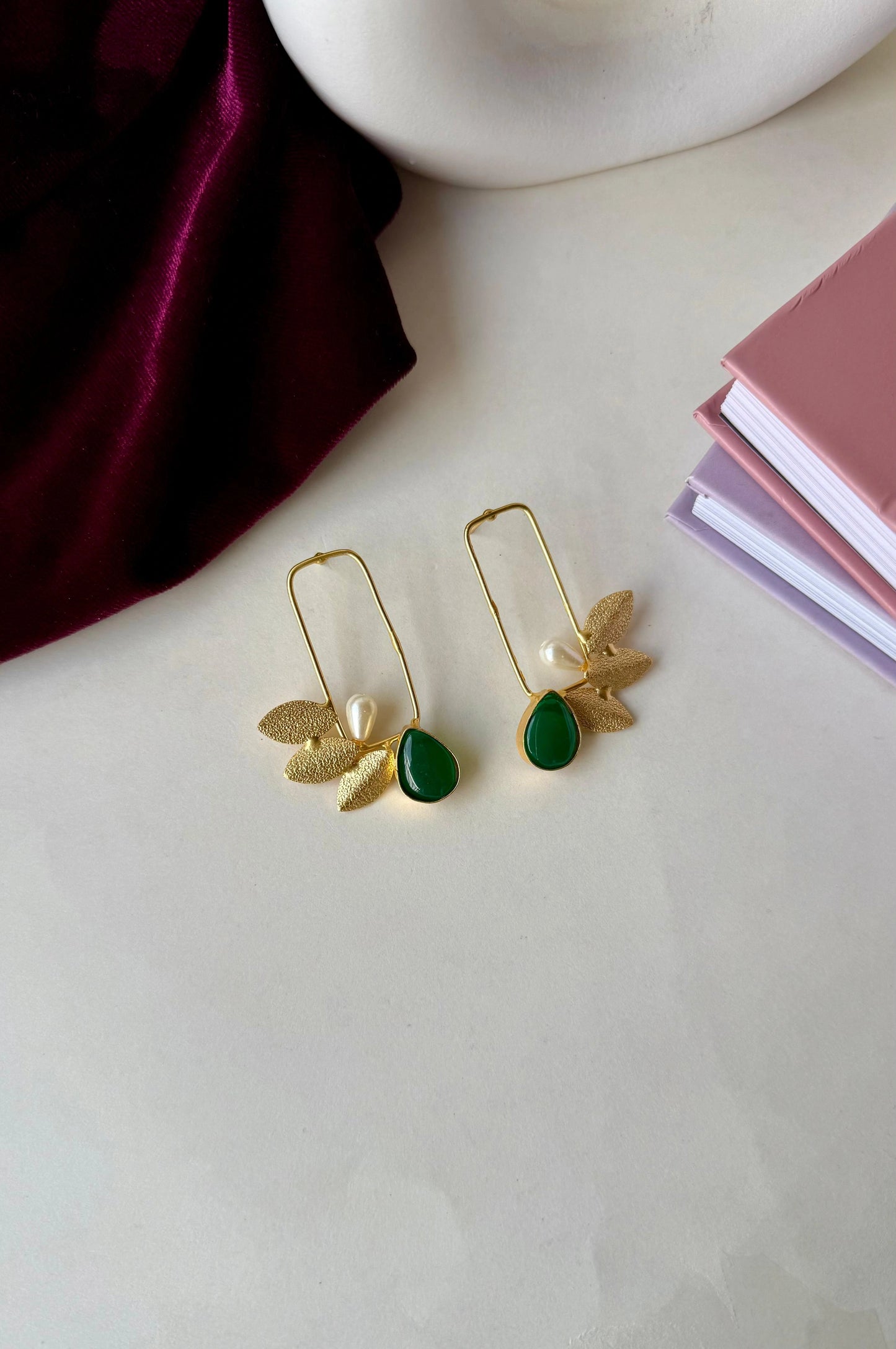 Green Stone & Pearl Leaf Earrings – Anti-Tarnish Gold Brass Dangle Earrings