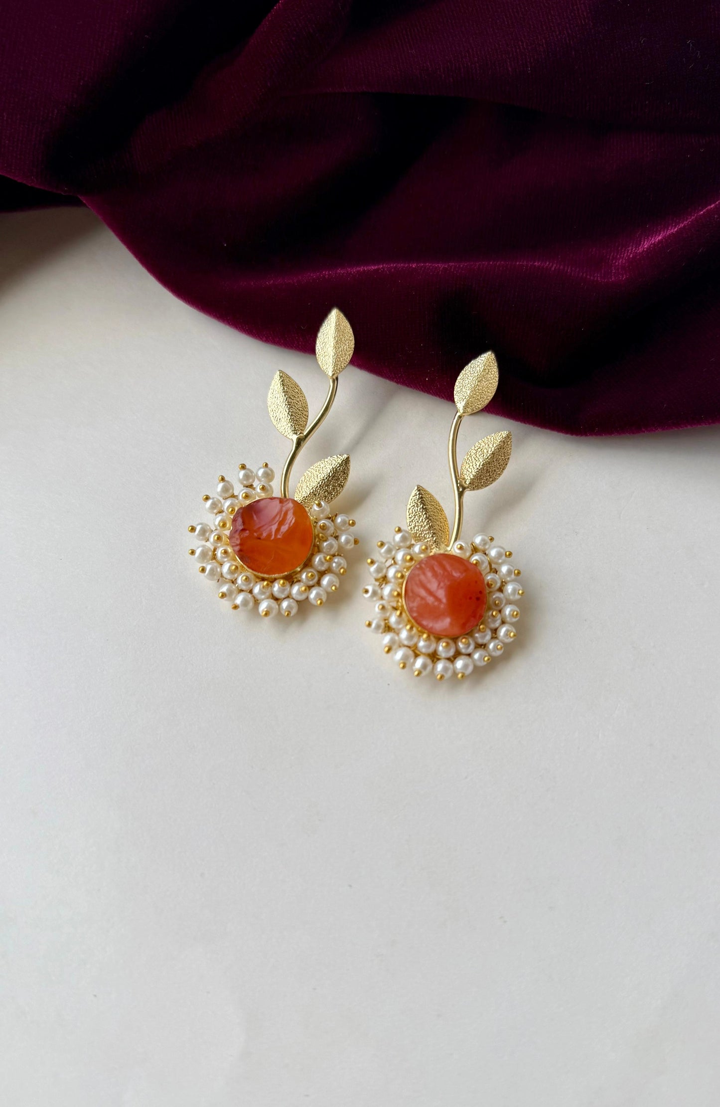 Elegant Leaf Motif Anti-Tarnish Brass Earrings with Pearl & Stone Center – Available in Orange, Lavender & Green