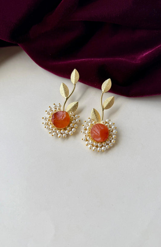 Elegant Leaf Motif Anti-Tarnish Brass Earrings with Pearl & Stone Center – Available in Orange, Lavender & Green