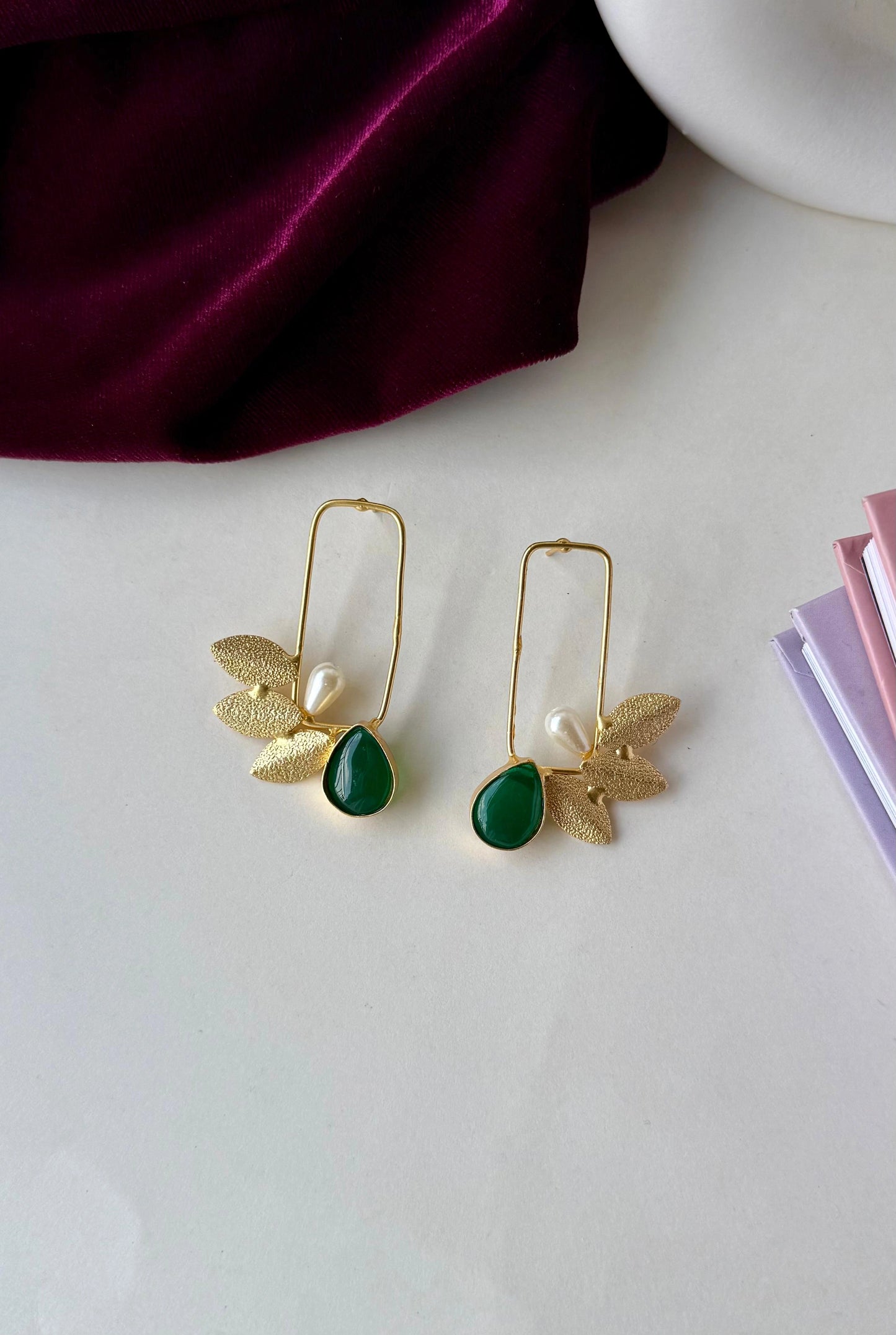 Green Stone & Pearl Leaf Earrings – Anti-Tarnish Gold Brass Dangle Earrings