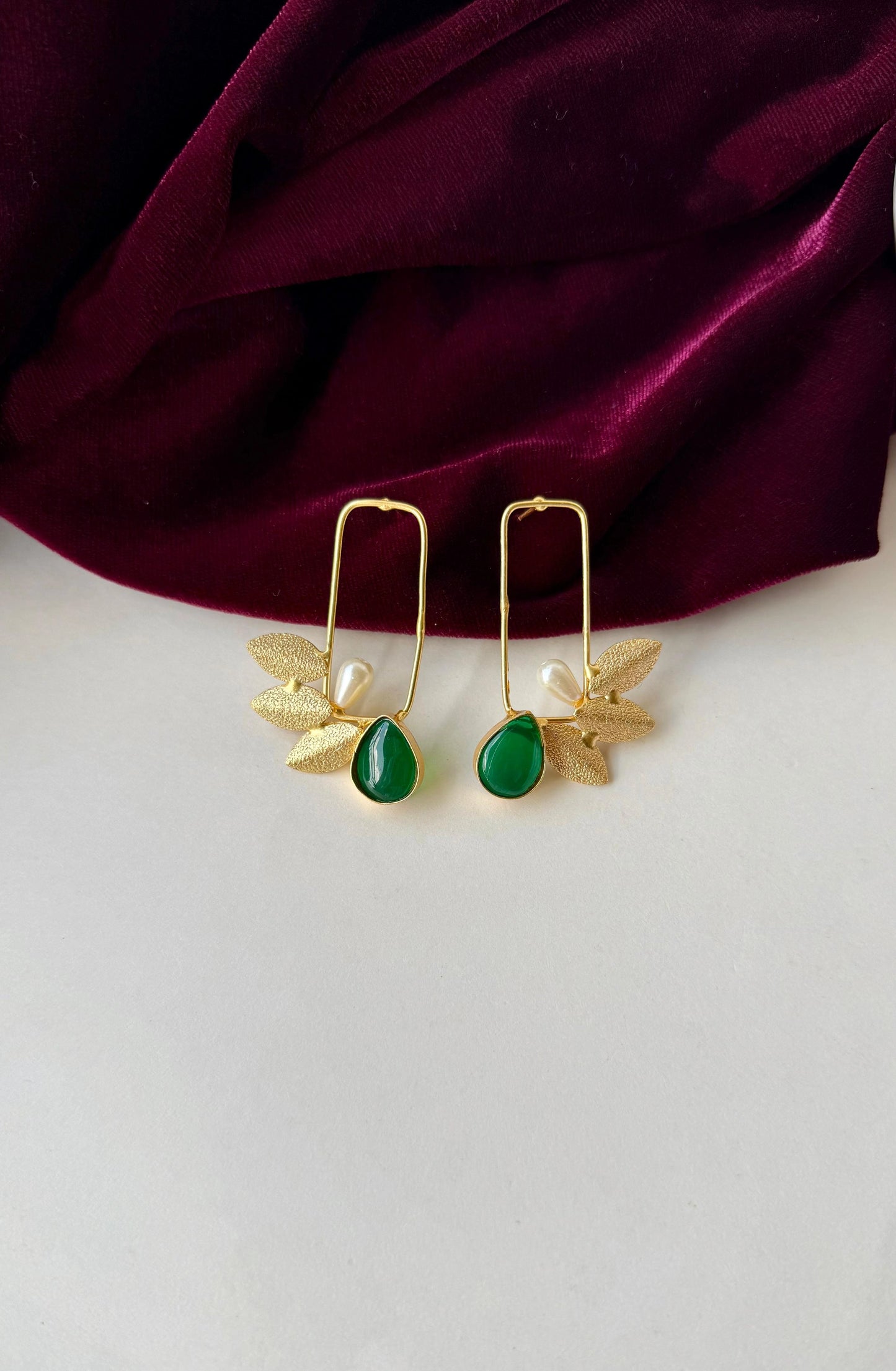 Green Stone & Pearl Leaf Earrings – Anti-Tarnish Gold Brass Dangle Earrings