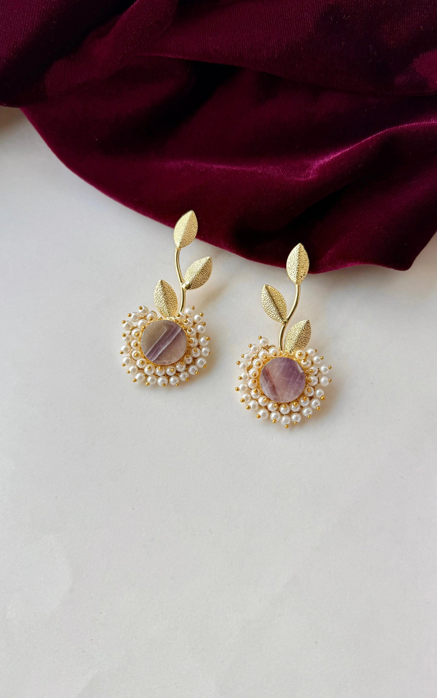 Elegant Leaf Motif Anti-Tarnish Brass Earrings with Pearl & Stone Center – Available in Orange, Lavender & Green