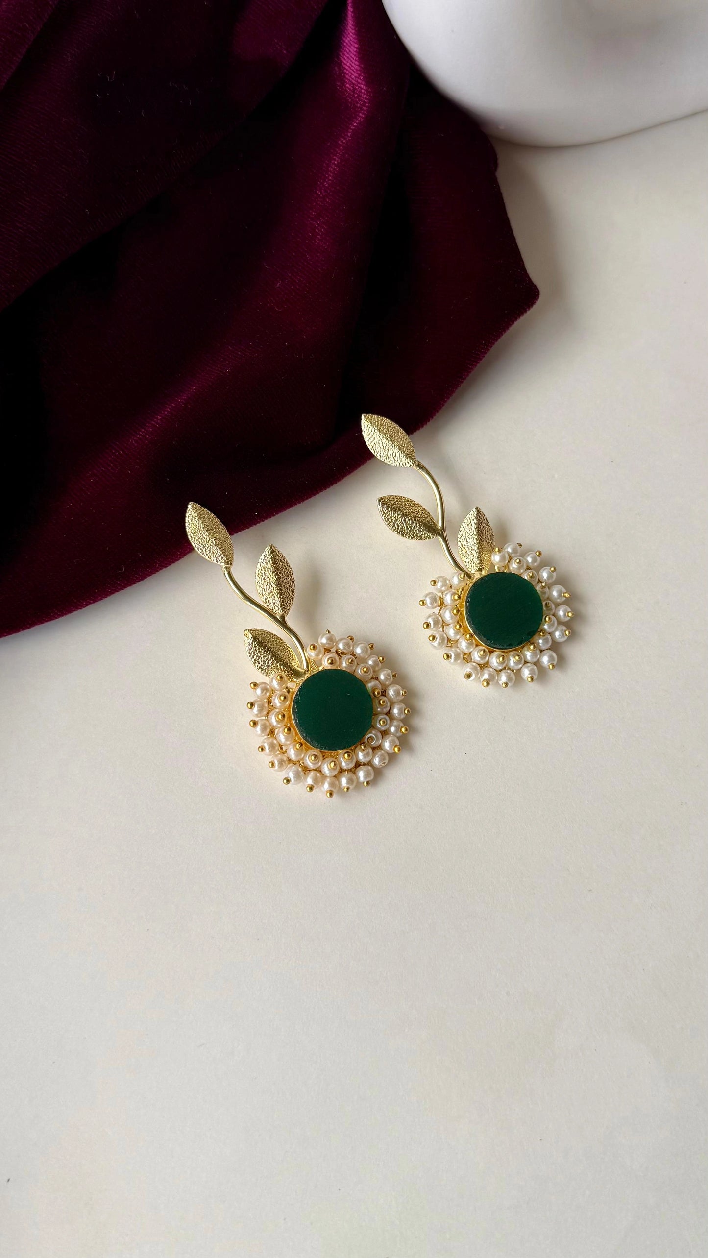 Elegant Leaf Motif Anti-Tarnish Brass Earrings with Pearl & Stone Center – Available in Orange, Lavender & Green