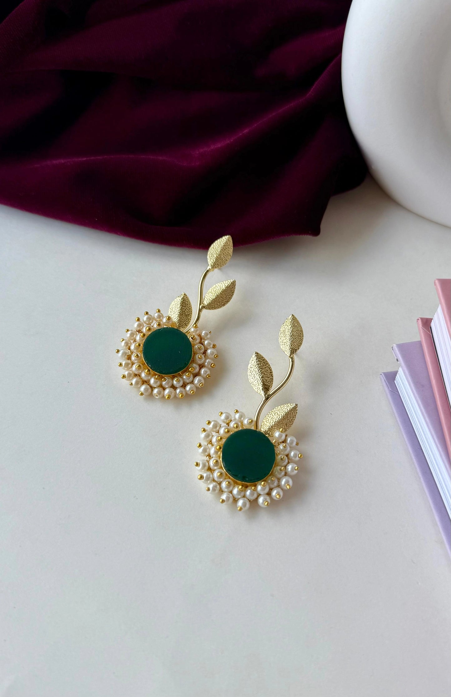 Elegant Leaf Motif Anti-Tarnish Brass Earrings with Pearl & Stone Center – Available in Orange, Lavender & Green