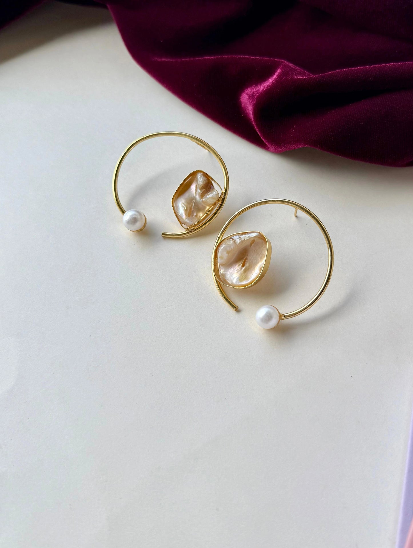 Gold Open Hoop Earrings with Pearl & Shell Accent | Brass Anti-Tarnish Modern Earrings