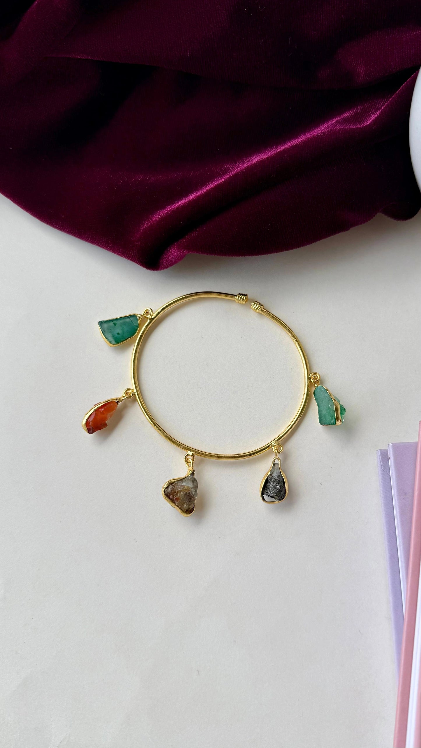 Colorful Raw Stone Charm Bracelet – Anti-Tarnish Gold Brass Bangle with Natural Gemstone Dangles