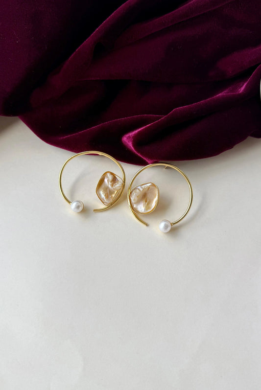 Gold Open Hoop Earrings with Pearl & Shell Accent | Brass Anti-Tarnish Modern Earrings