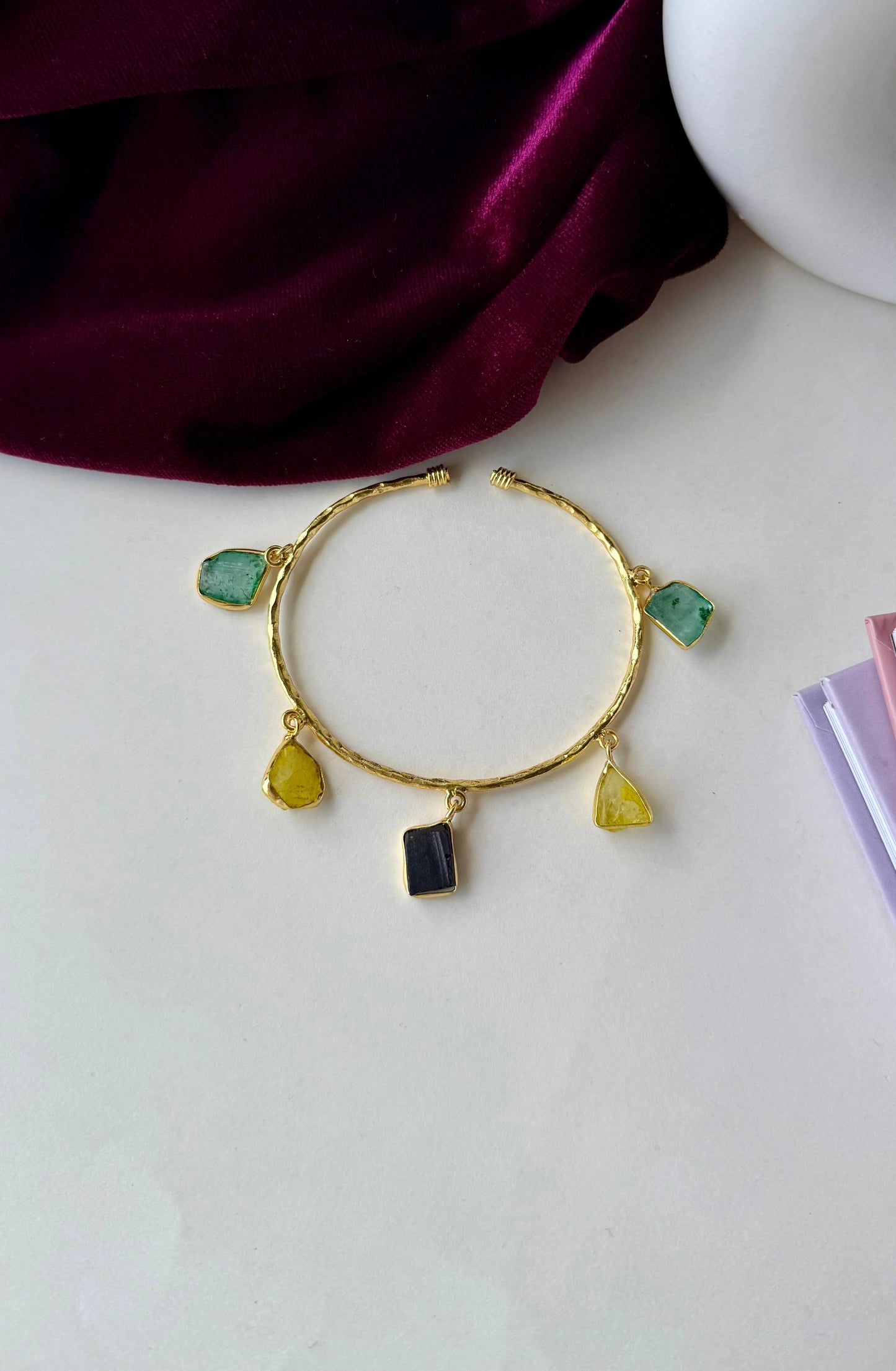 Colorful Raw Stone Charm Bracelet – Anti-Tarnish Gold Brass Bangle with Natural Gemstone Dangles