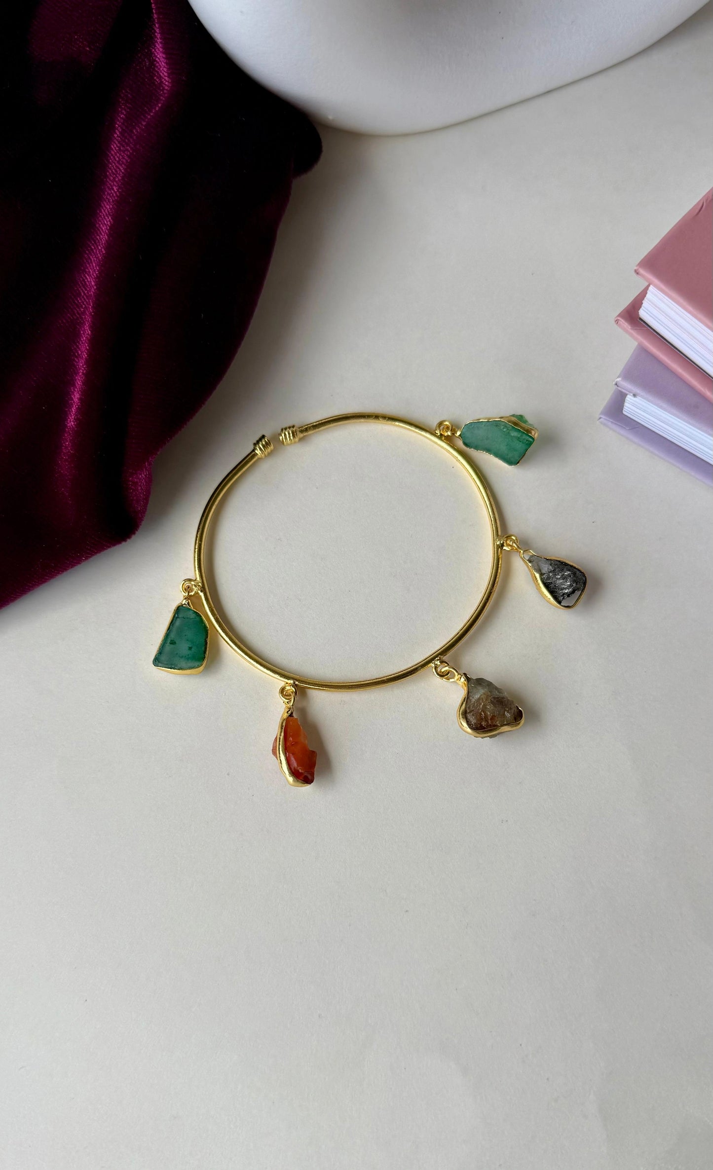 Colorful Raw Stone Charm Bracelet – Anti-Tarnish Gold Brass Bangle with Natural Gemstone Dangles