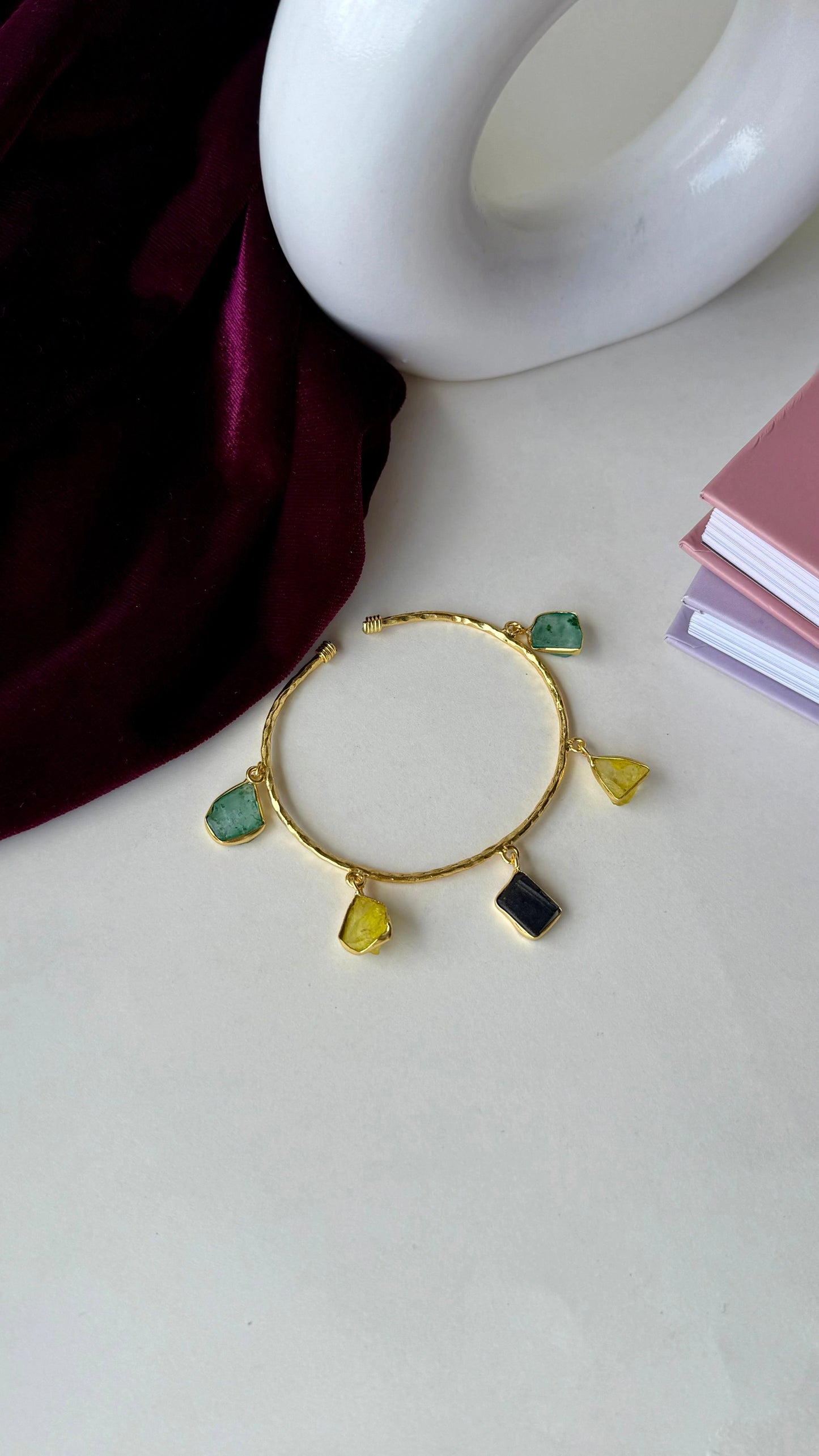 Colorful Raw Stone Charm Bracelet – Anti-Tarnish Gold Brass Bangle with Natural Gemstone Dangles