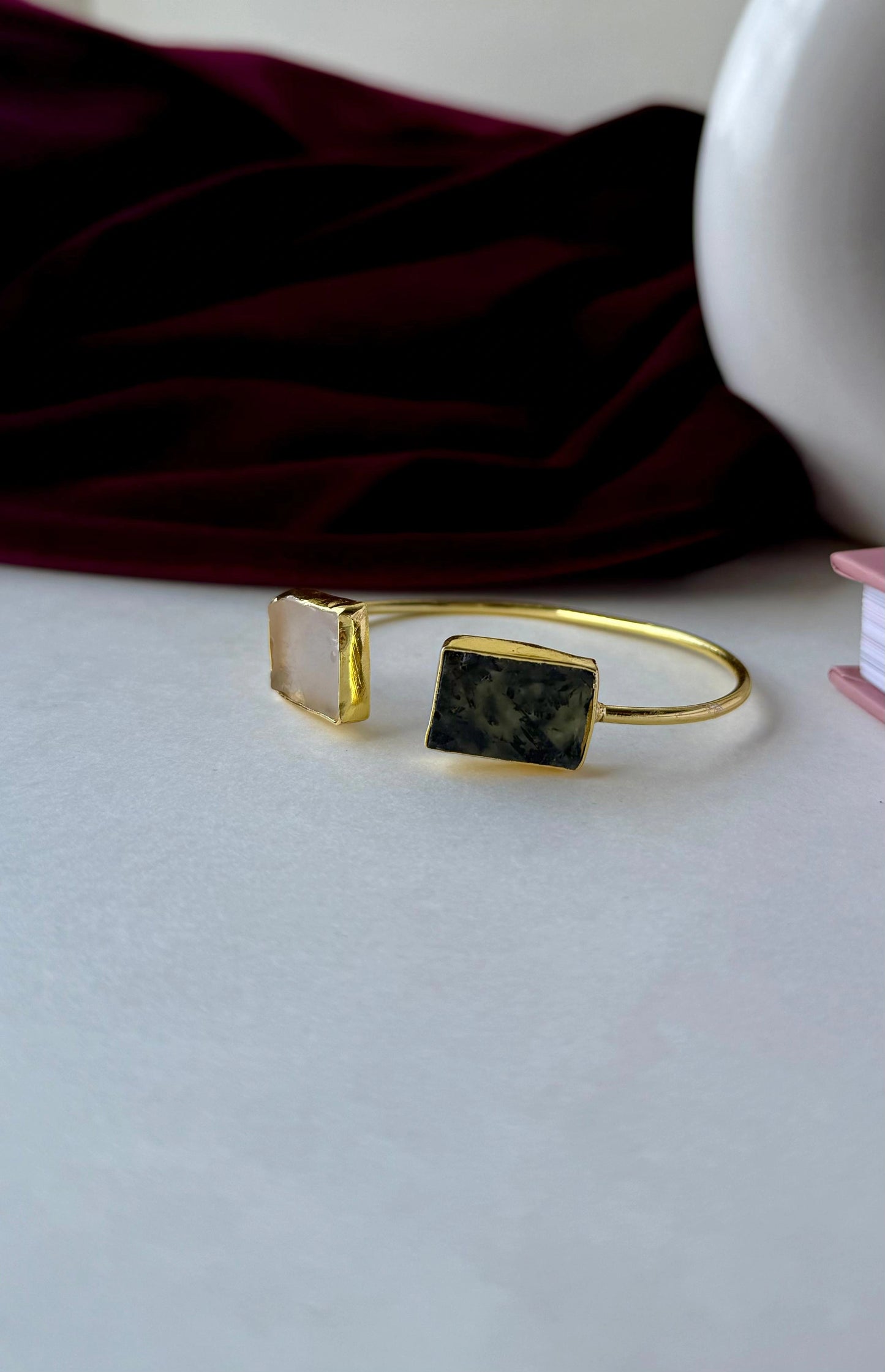 Dual Tone Stone Open Cuff Bracelet – Anti-Tarnish Gold Brass Bangle with white & Green Stones