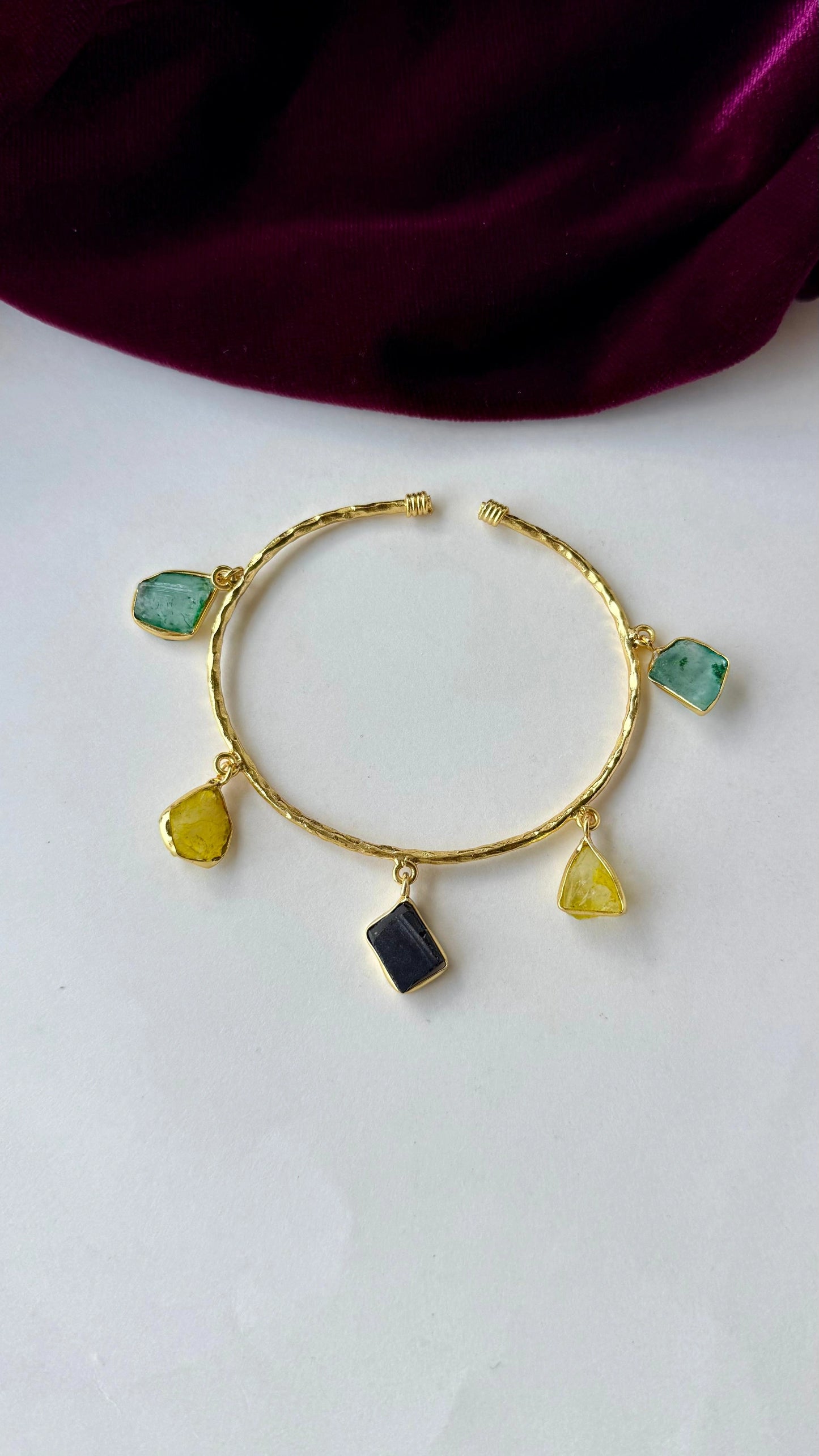 Colorful Raw Stone Charm Bracelet – Anti-Tarnish Gold Brass Bangle with Natural Gemstone Dangles