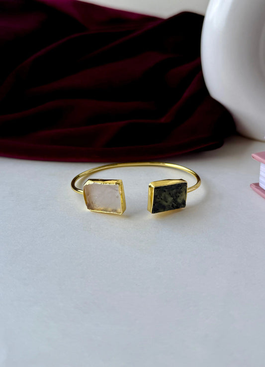 Dual Tone Stone Open Cuff Bracelet – Anti-Tarnish Gold Brass Bangle with white & Green Stones