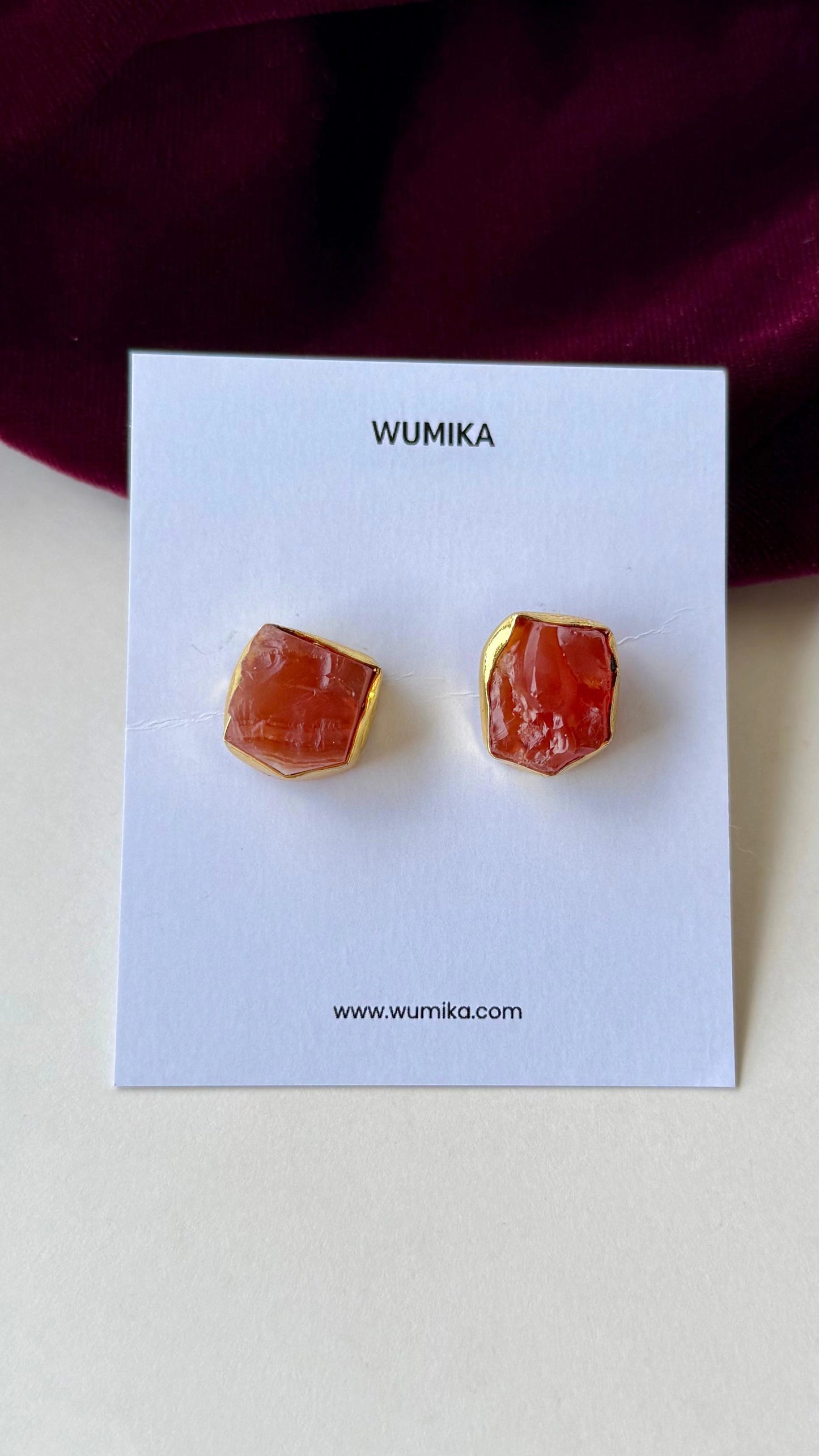 Raw Stone Stud Earrings – Anti-Tarnish Brass Uncut Gemstone Studs in Orange & Green