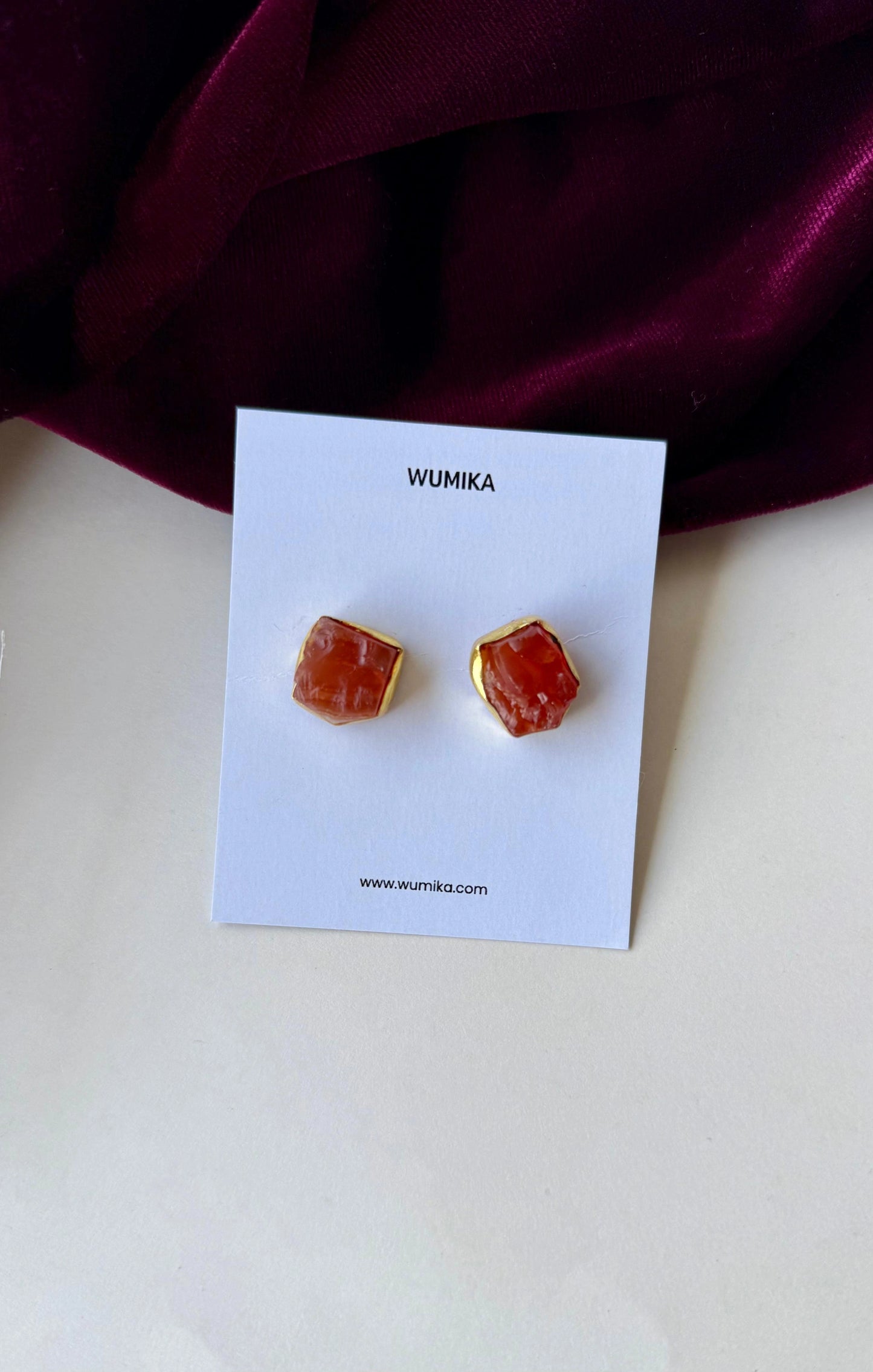 Raw Stone Stud Earrings – Anti-Tarnish Brass Uncut Gemstone Studs in Orange & Green