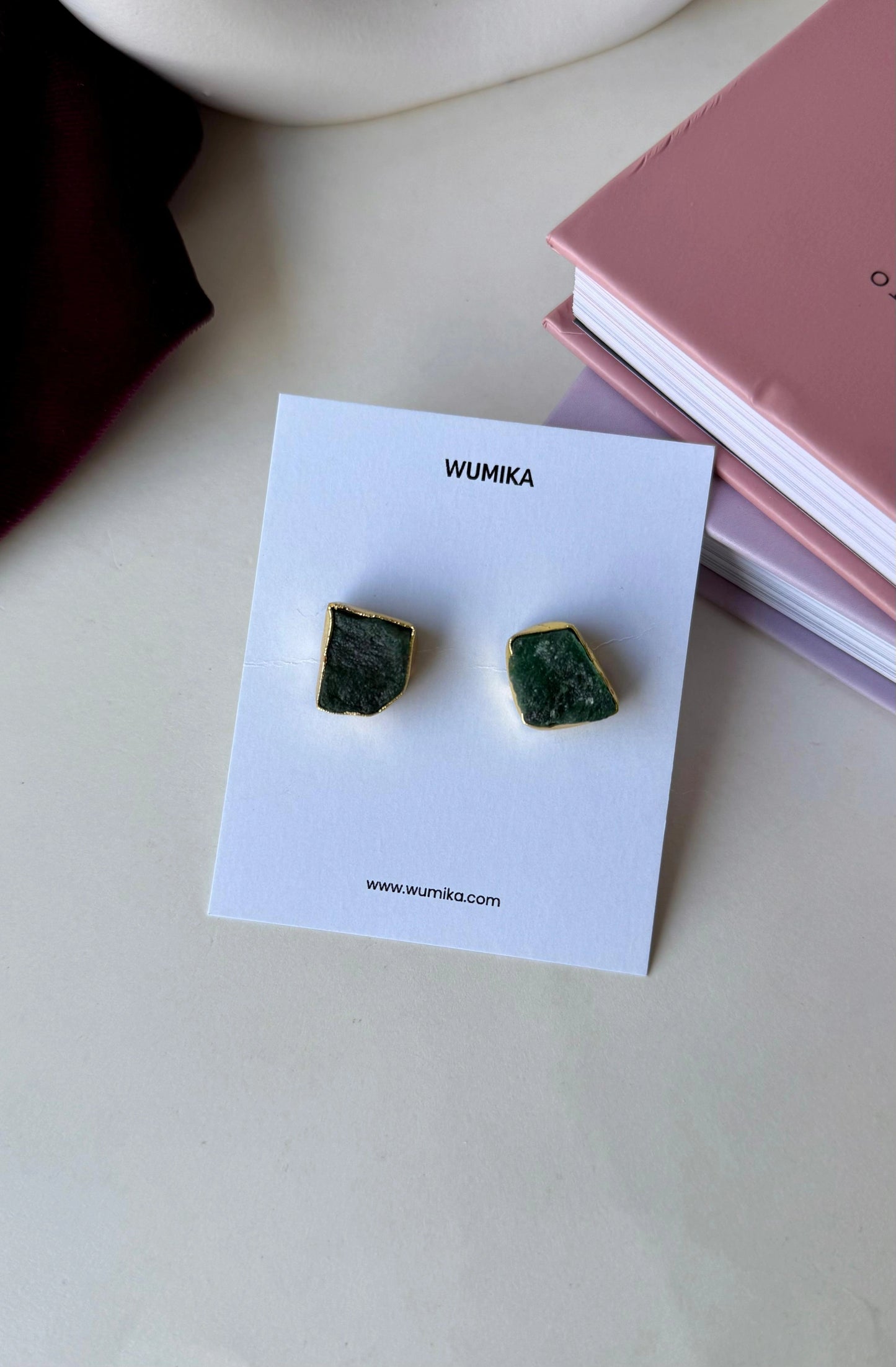 Raw Stone Stud Earrings – Anti-Tarnish Brass Uncut Gemstone Studs in Orange & Green